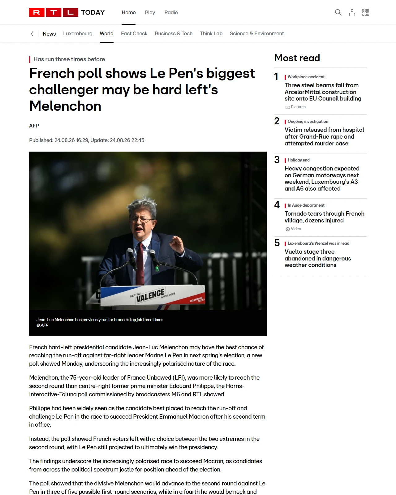 today.rtl.lu as published: French poll shows Le Pen's biggest challenger may be hard left's Melenchon