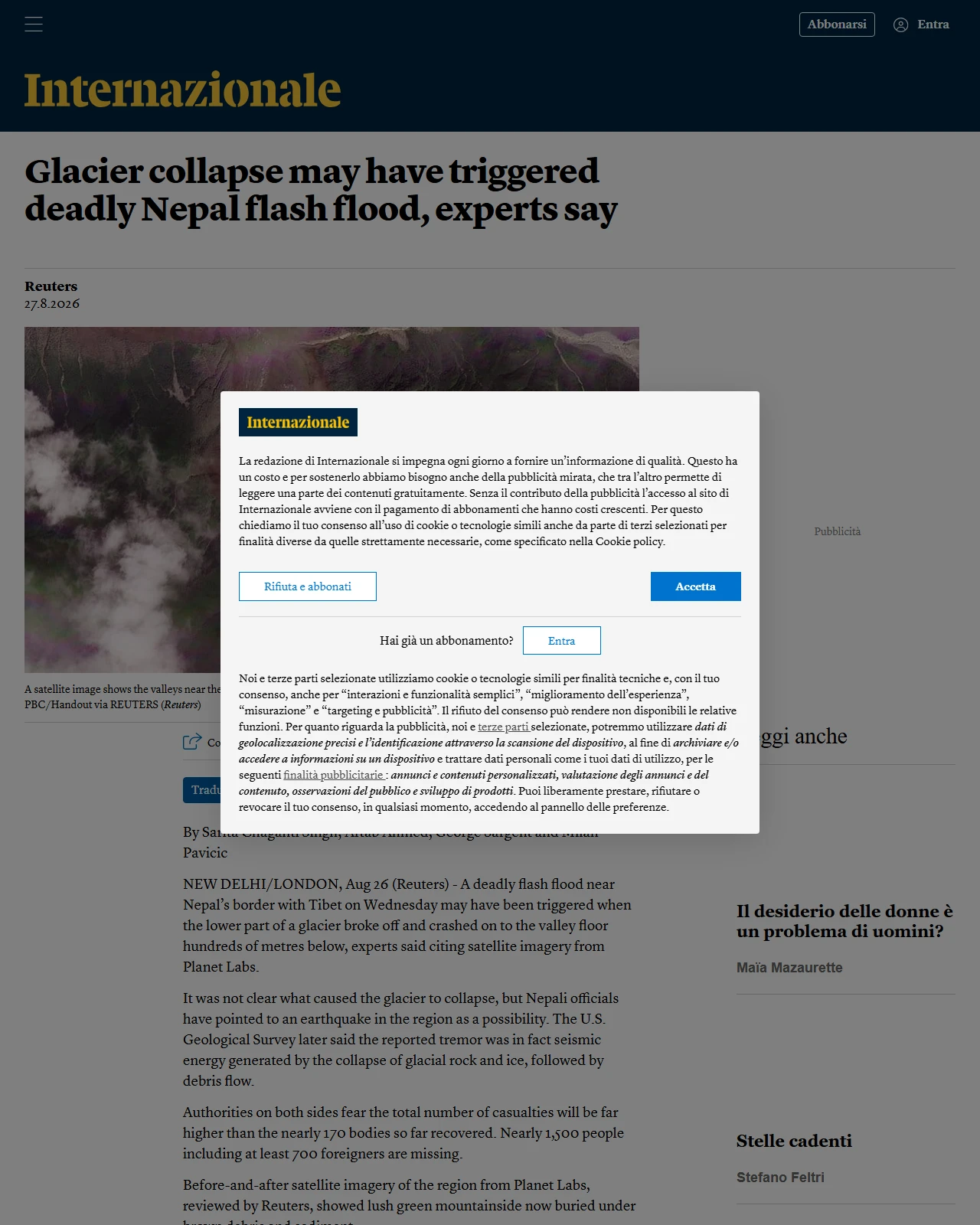 internazionale.it as published: Glacier collapse may have triggered deadly Nepal flash flood, experts say