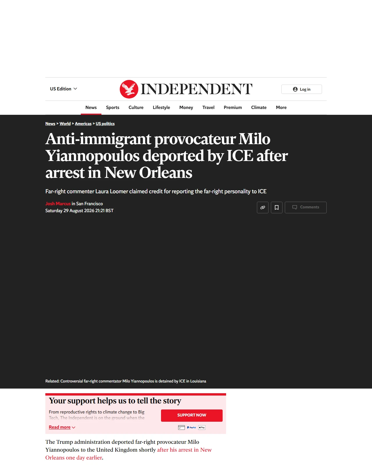 independent.co.uk as published: Anti-immigrant provocateur Milo Yiannopoulos deported by ICE after arrest in New Orleans