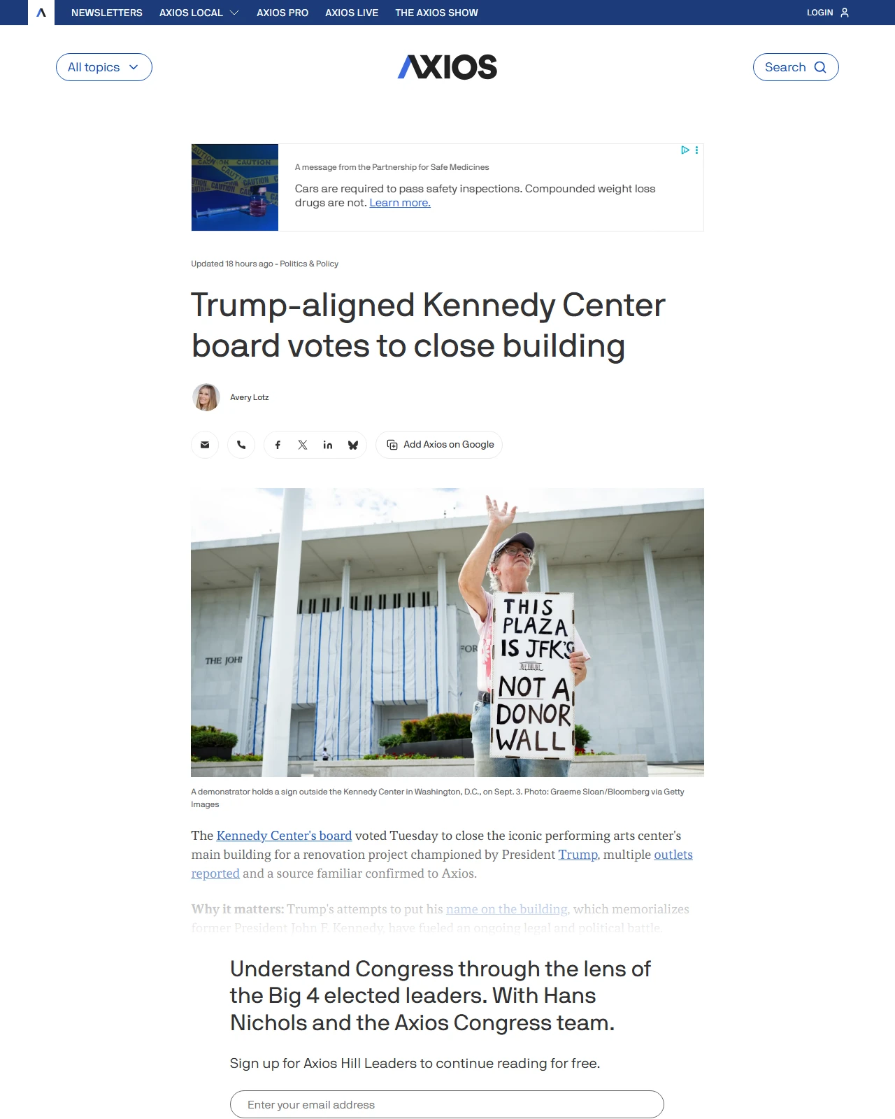 axios.com as published: Trump-aligned Kennedy Center board votes to close building