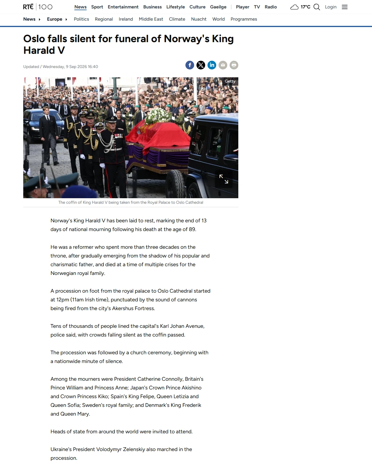 rte.ie as published: Oslo falls silent for funeral of Norway's King Harald V