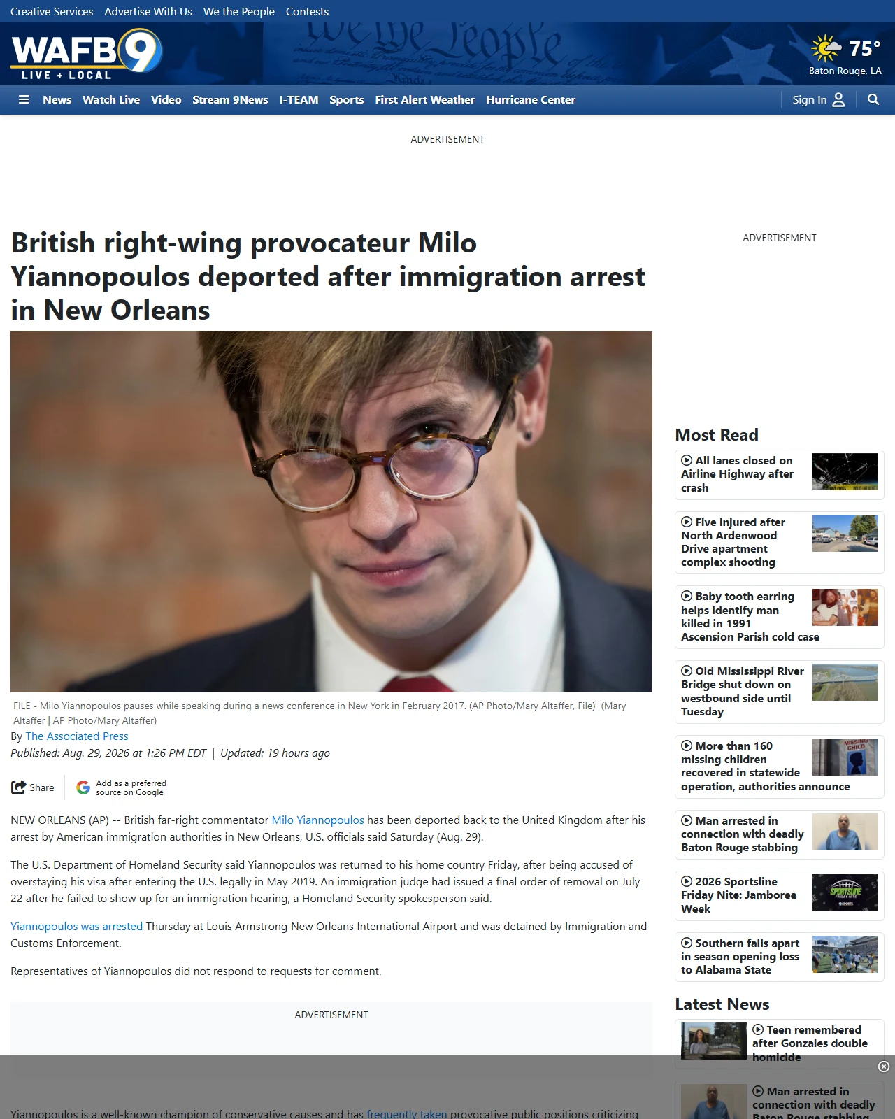 wafb.com as published: British right-wing provocateur Milo Yiannopoulos deported after immigration arrest in New Orleans
