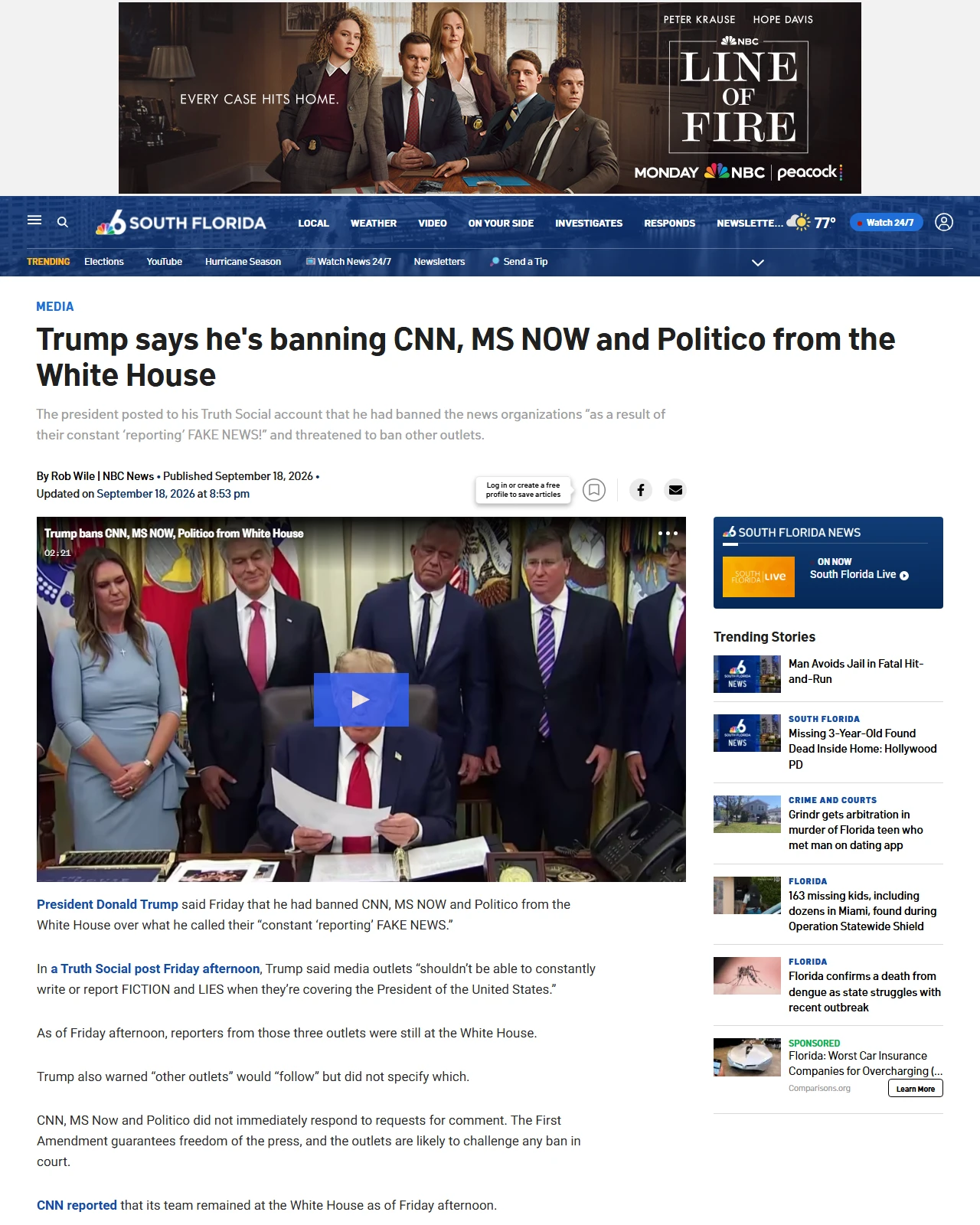 nbcmiami.com as published: Trump says he's banning CNN, MS NOW and Politico from the White House