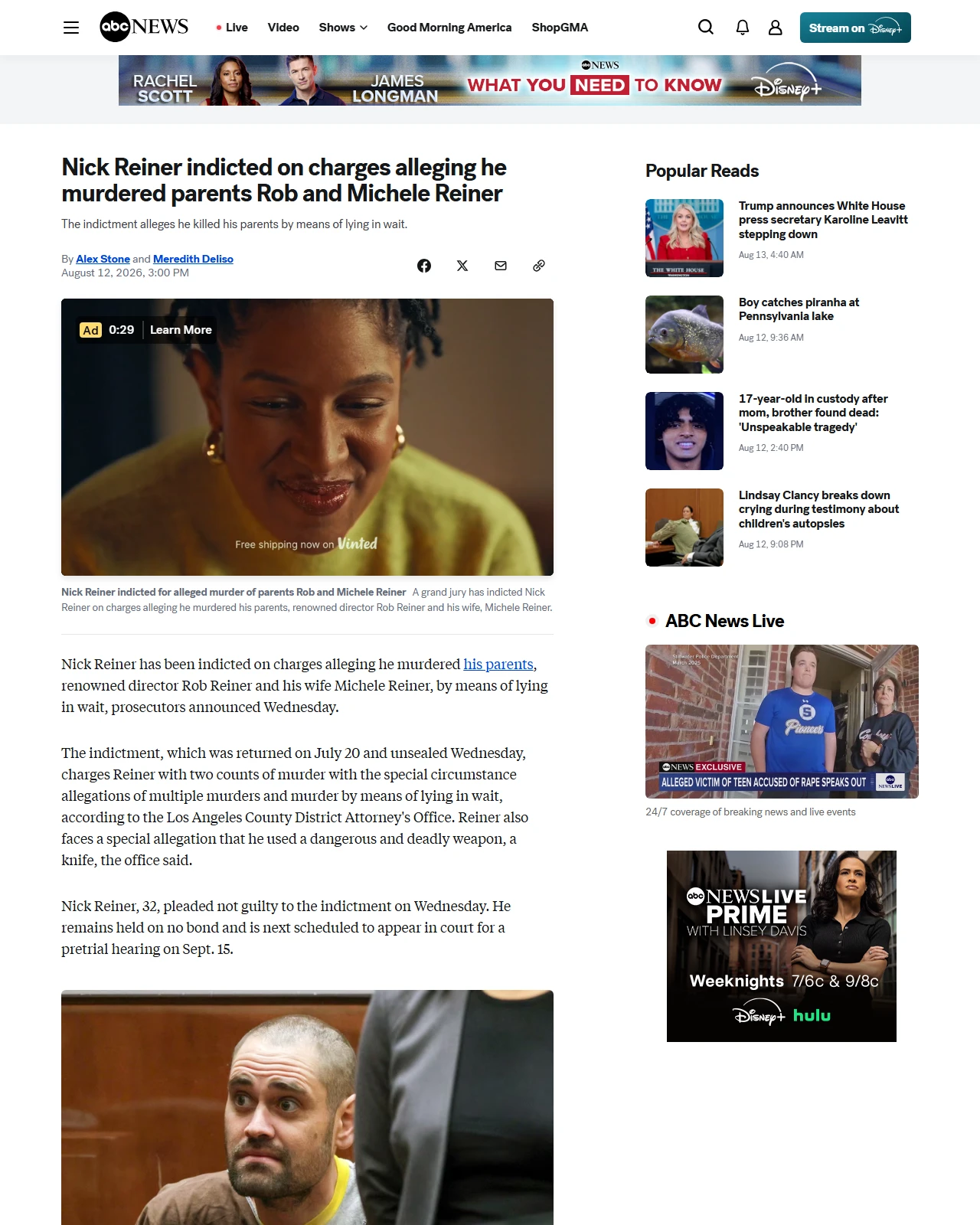 abcnews.com as published: Nick Reiner indicted on charges alleging he murdered parents Rob and Michele Reiner - ABC News