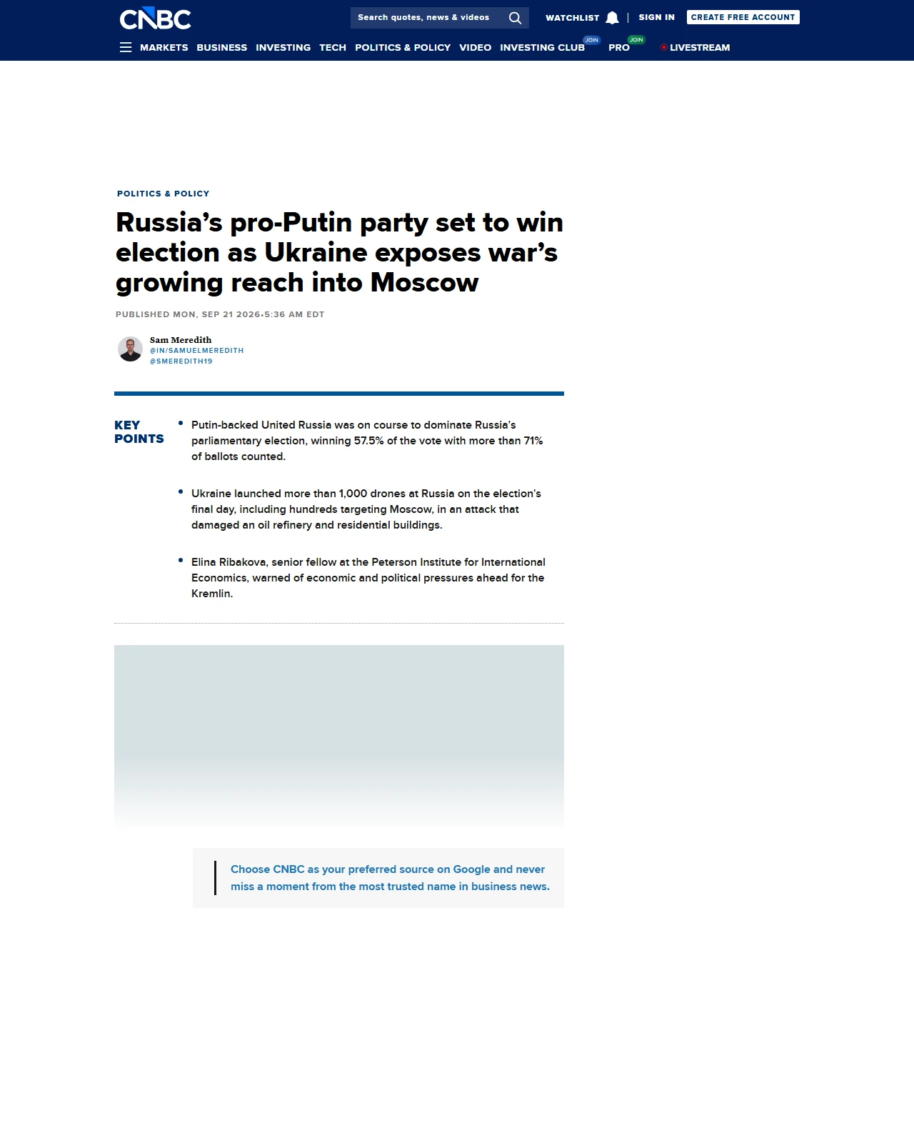 cnbc.com as published: Russia’s pro-Putin party set to win election as Ukraine exposes war’s growing reach into Moscow