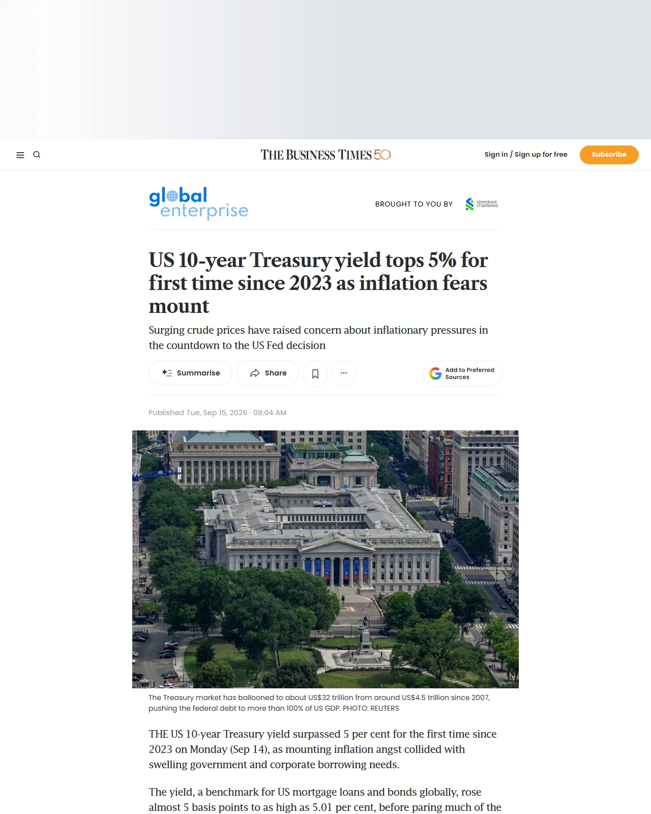 businesstimes.com.sg as published: US 10-year Treasury yield tops 5% for first time since 2023 as inflation fears mount