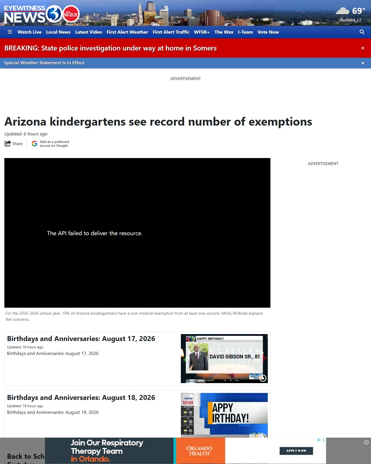 wfsb.com as published: Arizona kindergartens see record number of exemptions