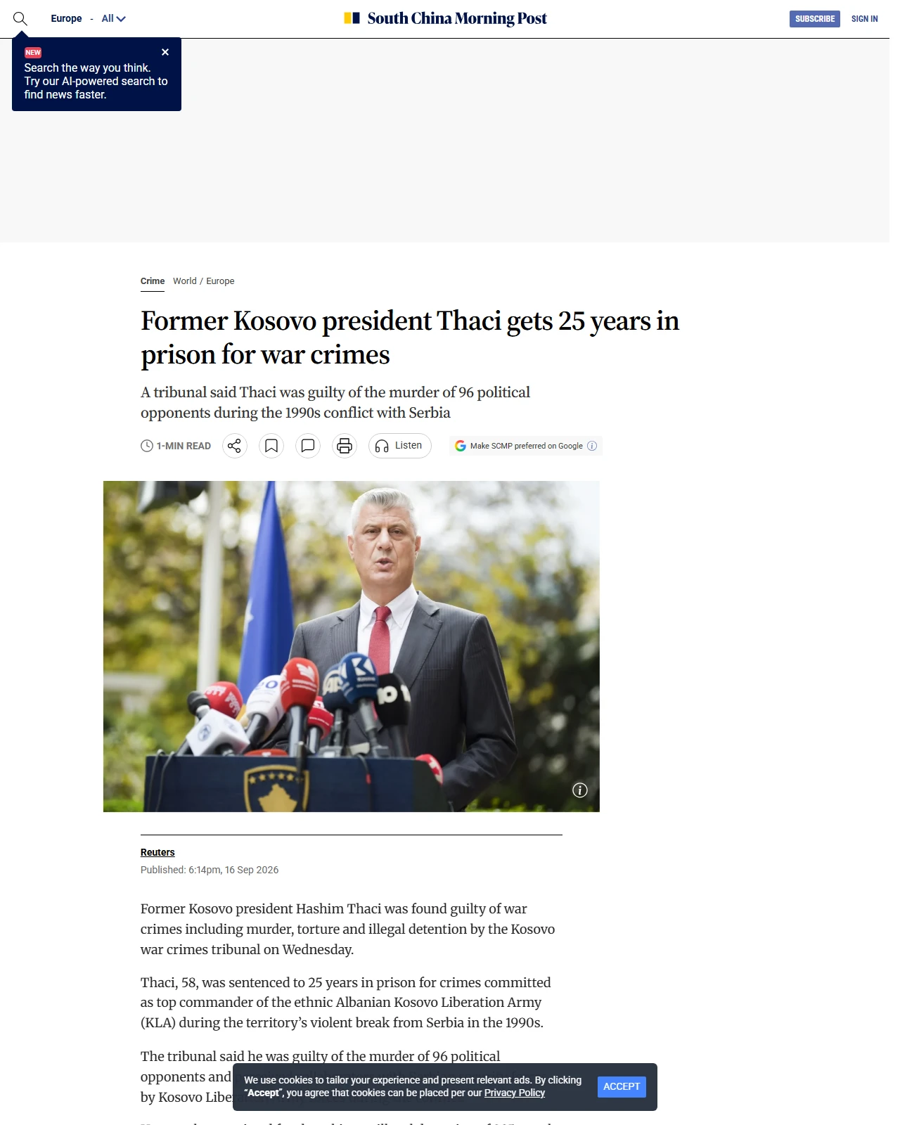 scmp.com as published: Former Kosovo president Thaci gets 25 years in prison for war crimes