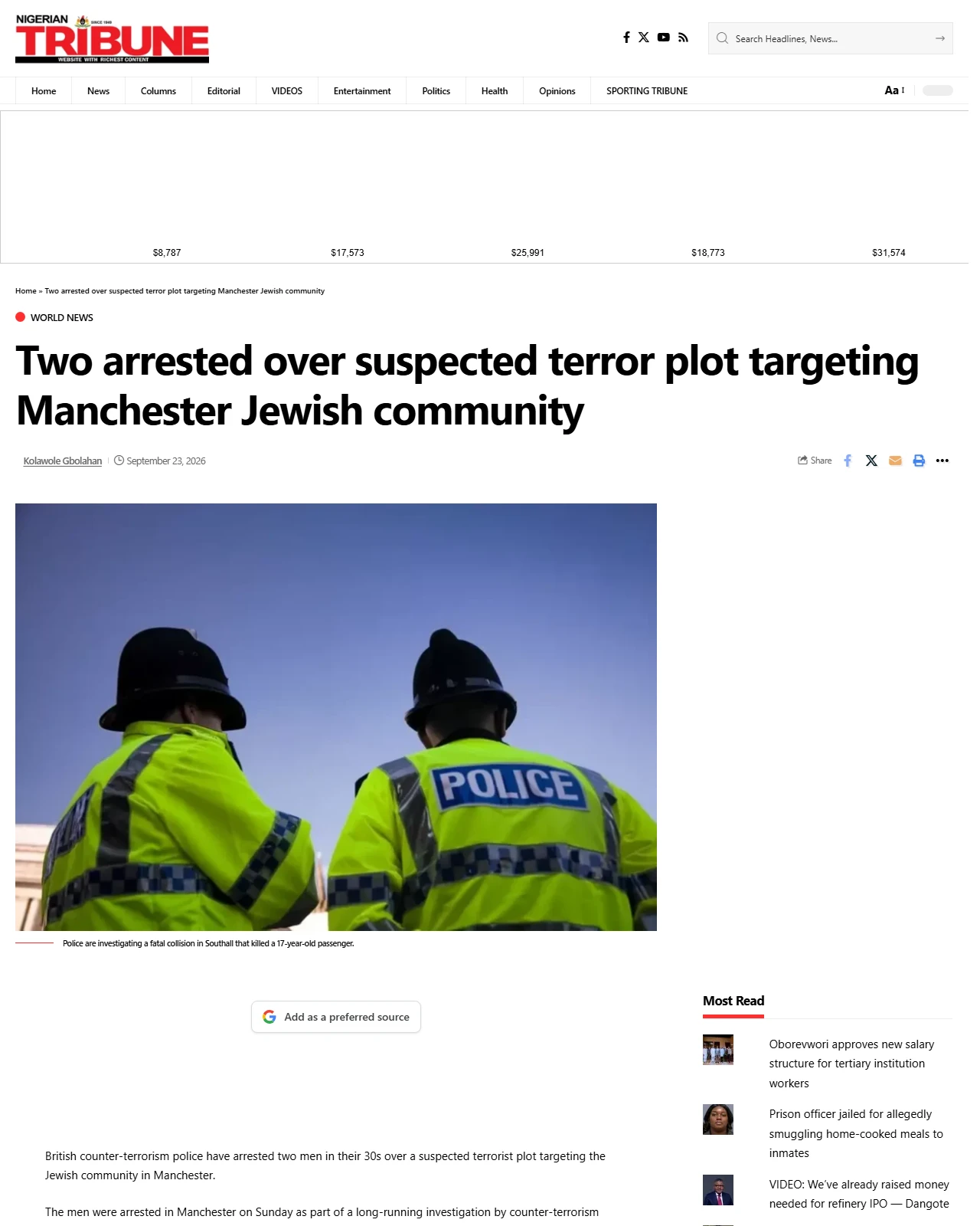 tribuneonlineng.com as published: Two arrested over suspected terror plot targeting Manchester Jewish community