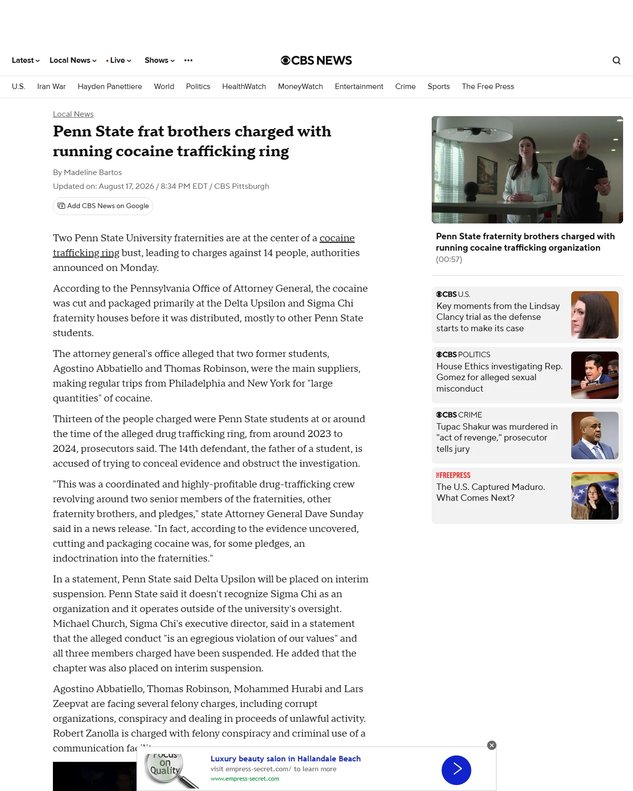 cbsnews.com as published: Penn State frat brothers charged with running cocaine trafficking ring