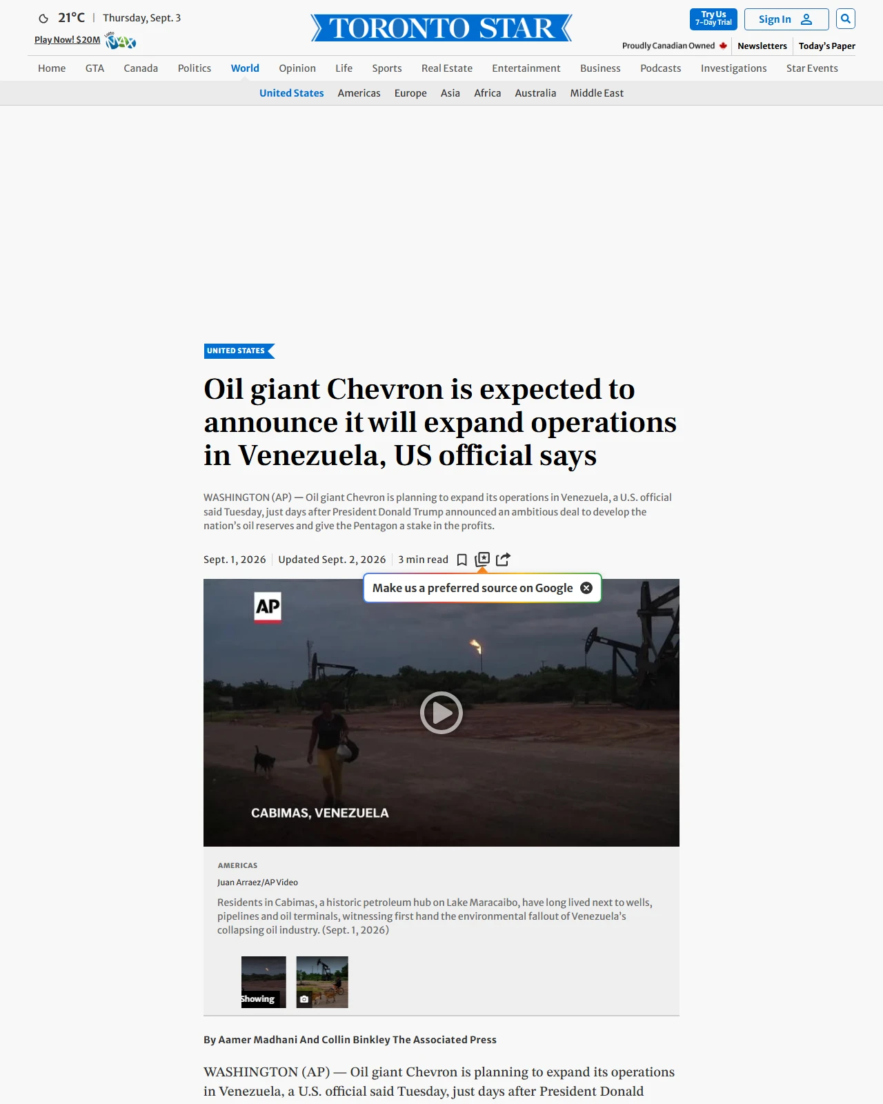thestar.com as published: Oil giant Chevron is expected to announce it will expand operations in Venezuela, US official says