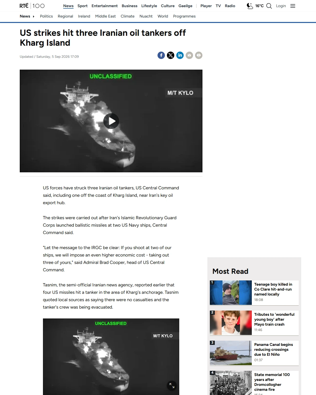 rte.ie as published: US strikes hit three Iranian oil tankers off Kharg Island
