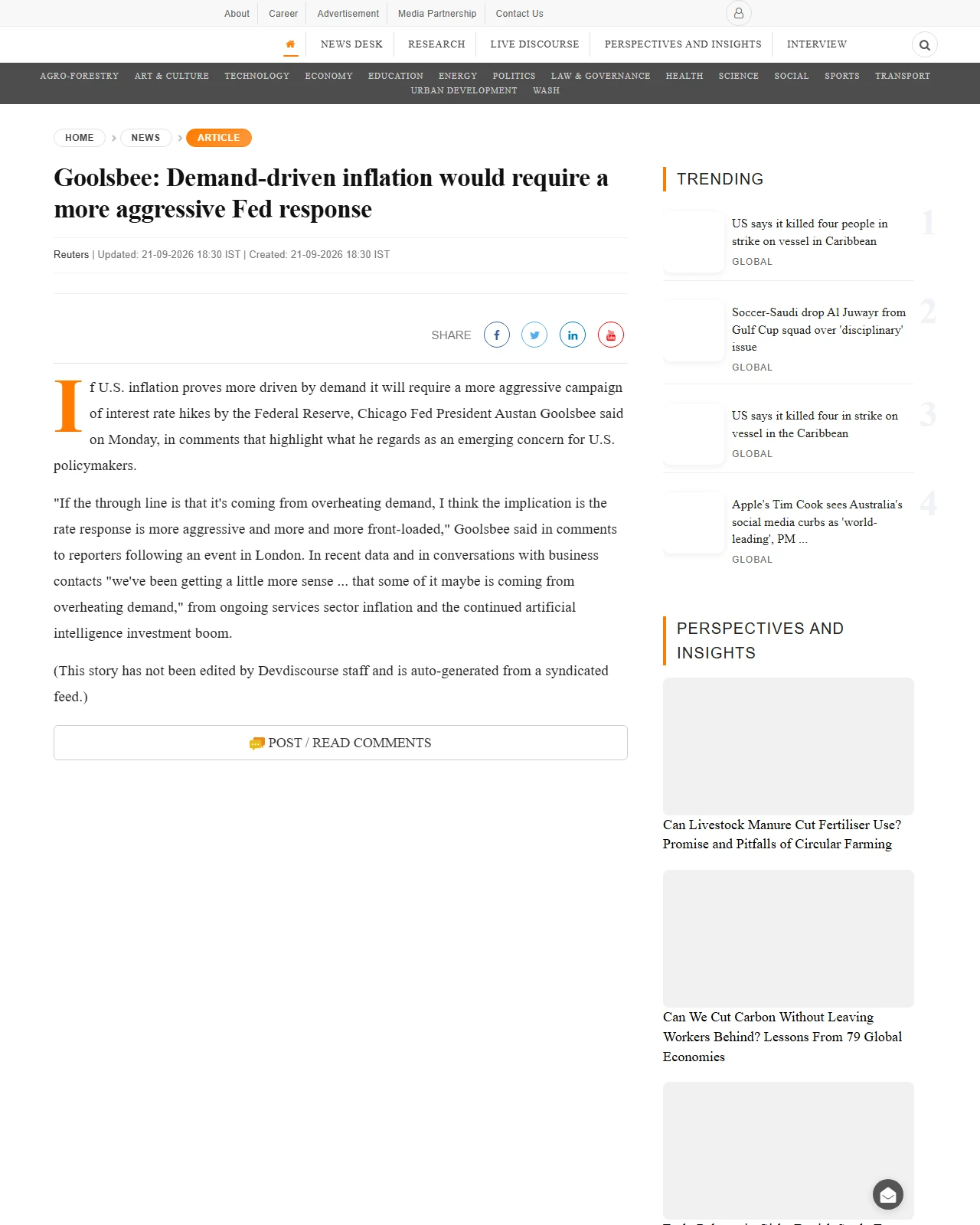 devdiscourse.com as published: Goolsbee: Demand-driven inflation would require a more aggressive Fed response
