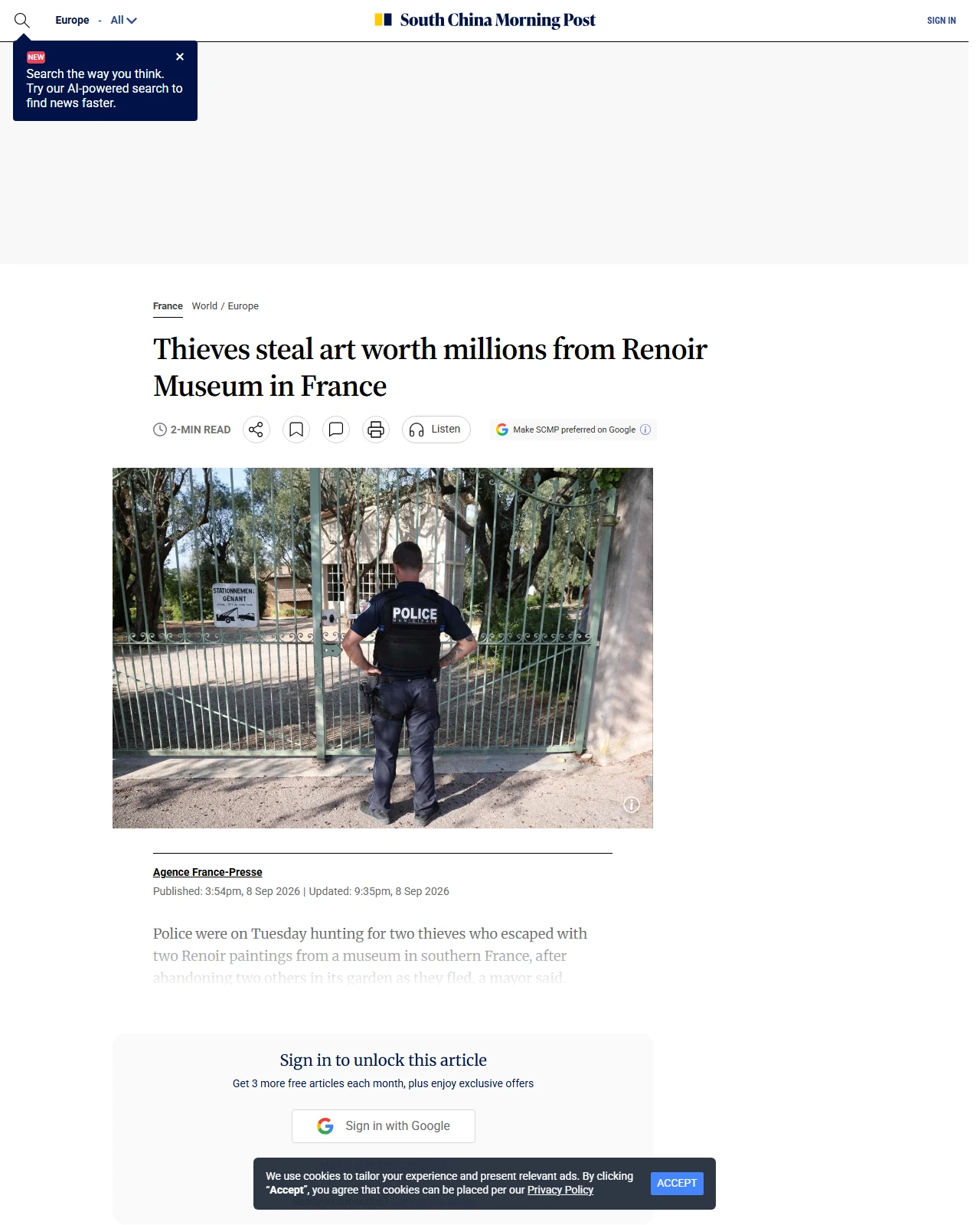 scmp.com as published: Thieves steal art worth millions from Renoir Museum in France