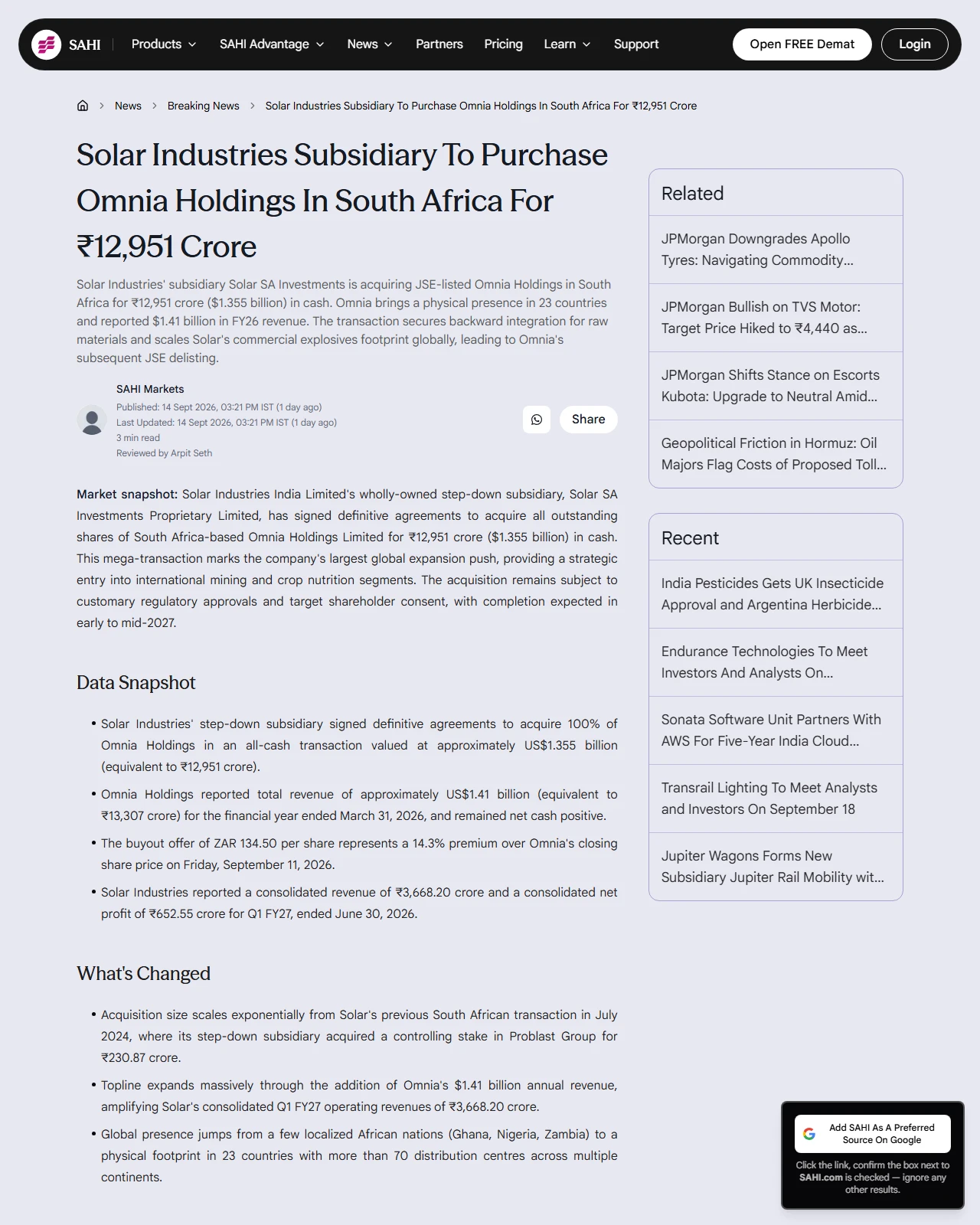 sahi.com as published: Solar Industries Subsidiary To Purchase Omnia Holdings In South Africa For ₹12,951 Crore