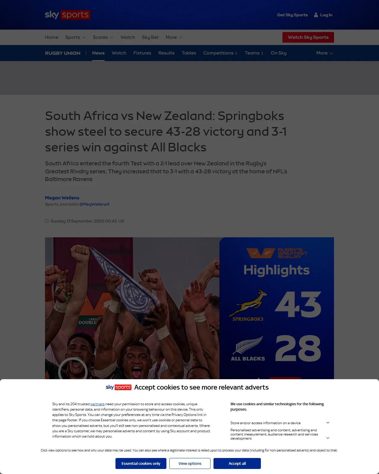 skysports.com as published: South Africa vs New Zealand: Springboks show steel to secure 43-28 victory and 3-1 series win against All Blacks