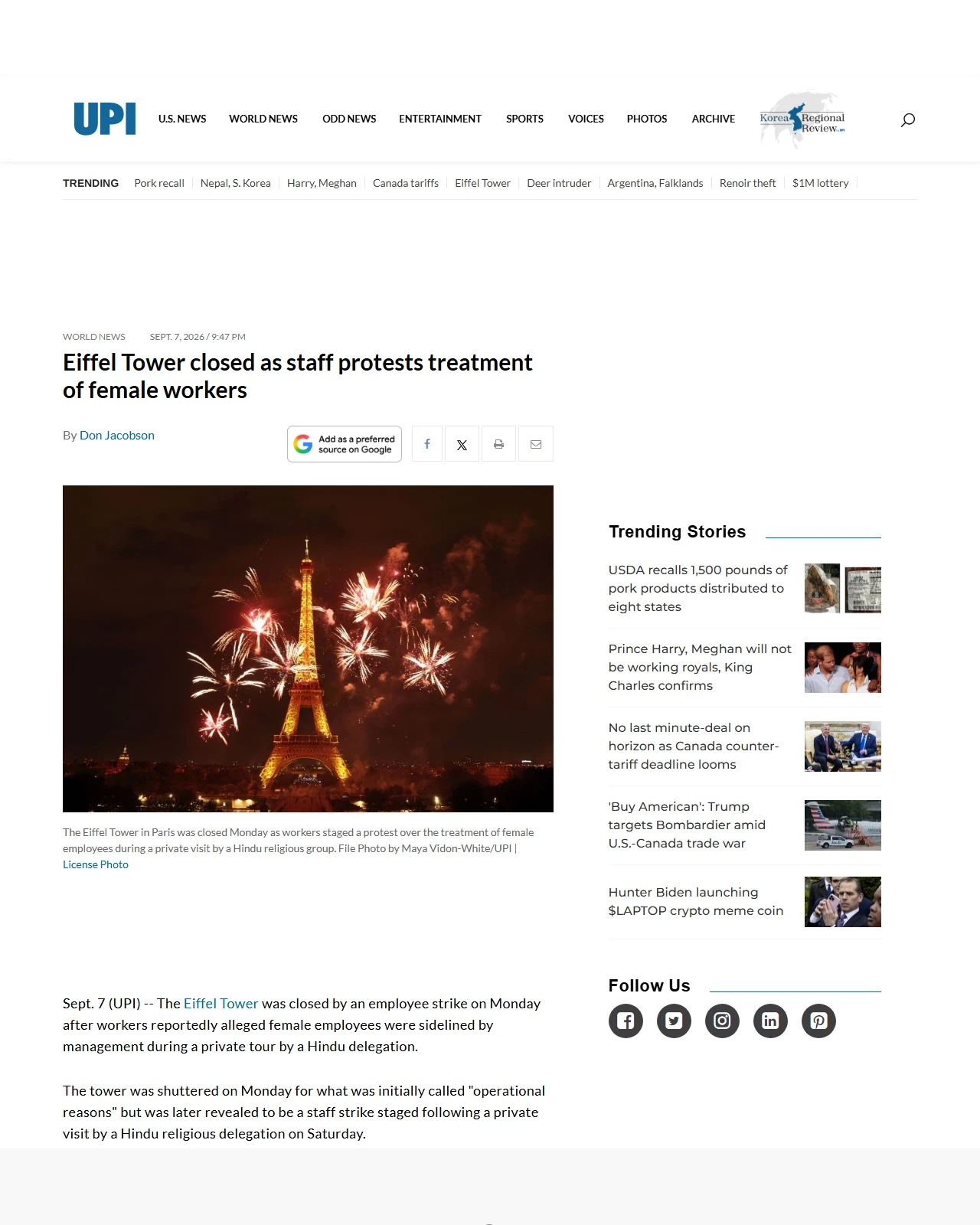 upi.com as published: Eiffel Tower closed as staff protests treatment of female workers