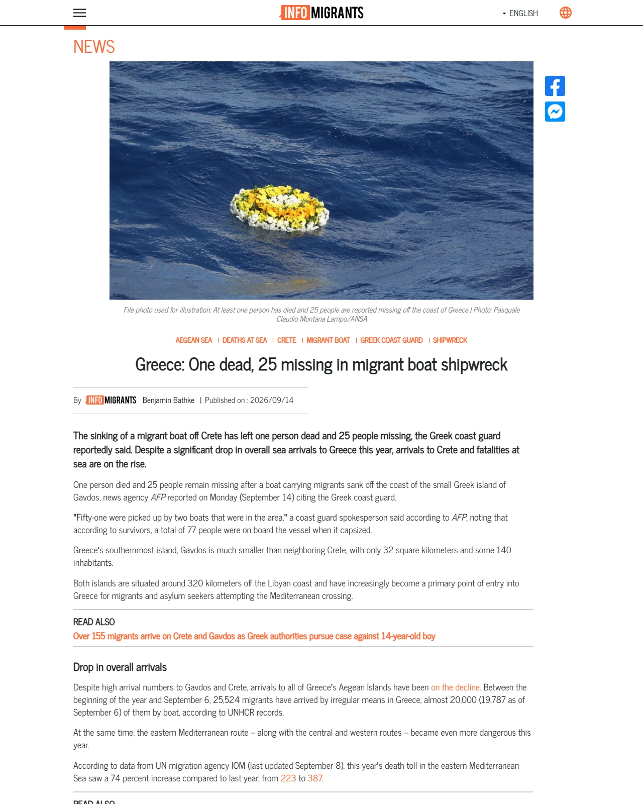 infomigrants.net as published: Greece: One dead, 25 missing in migrant boat shipwreck