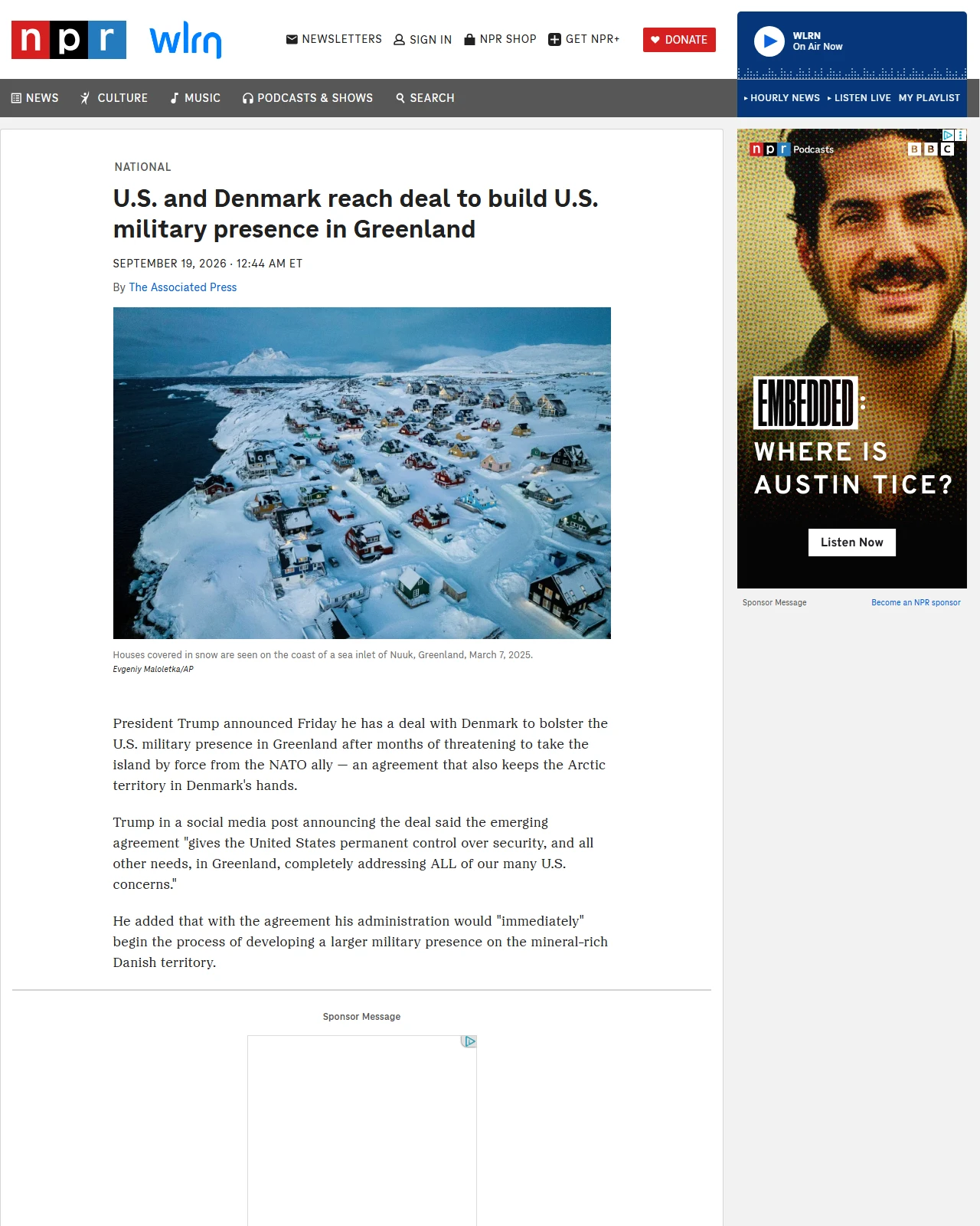 npr.org as published: U.S. and Denmark reach deal to build U.S. military presence in Greenland