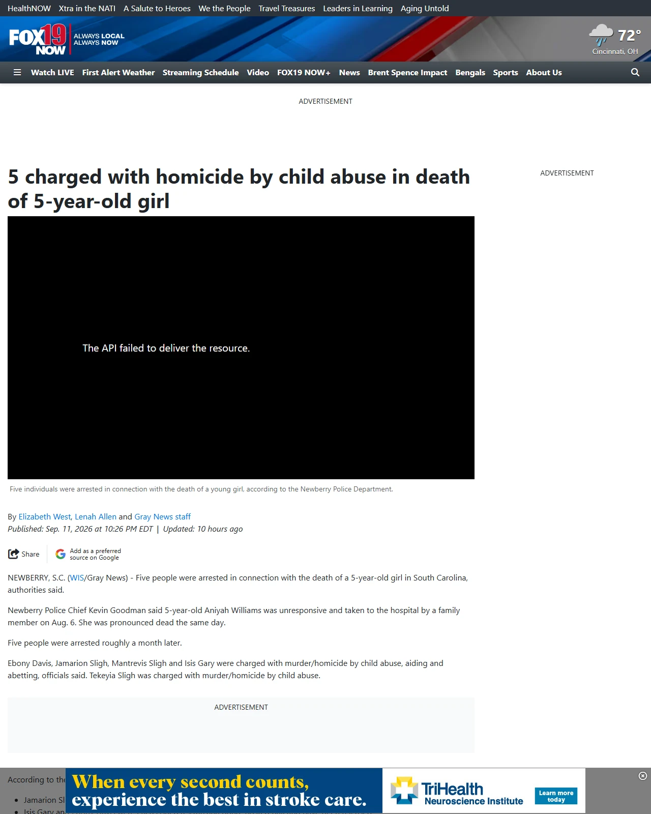 fox19.com as published: 5 charged with homicide by child abuse in death of 5-year-old girl