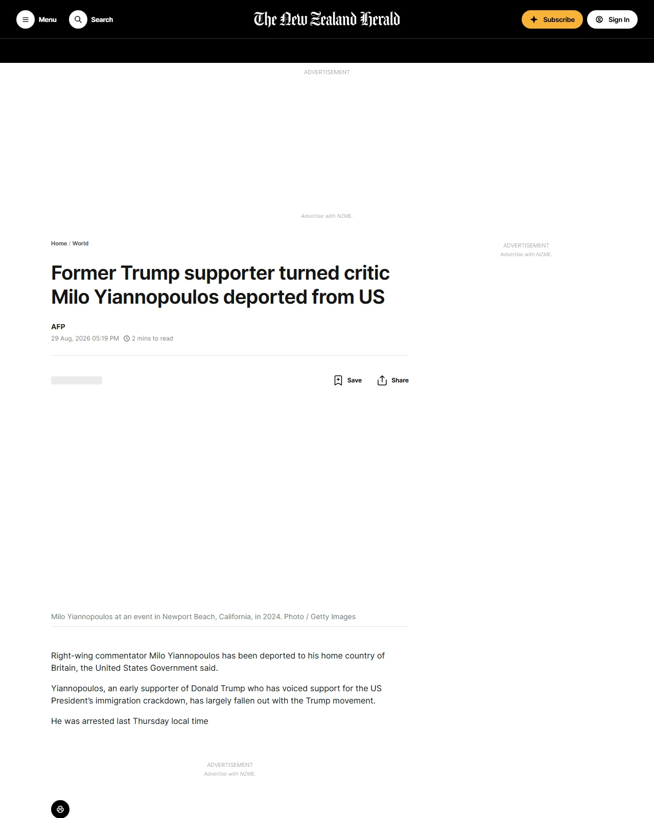 nzherald.co.nz as published: Former Trump supporter turned critic Milo Yiannopoulos deported from the US