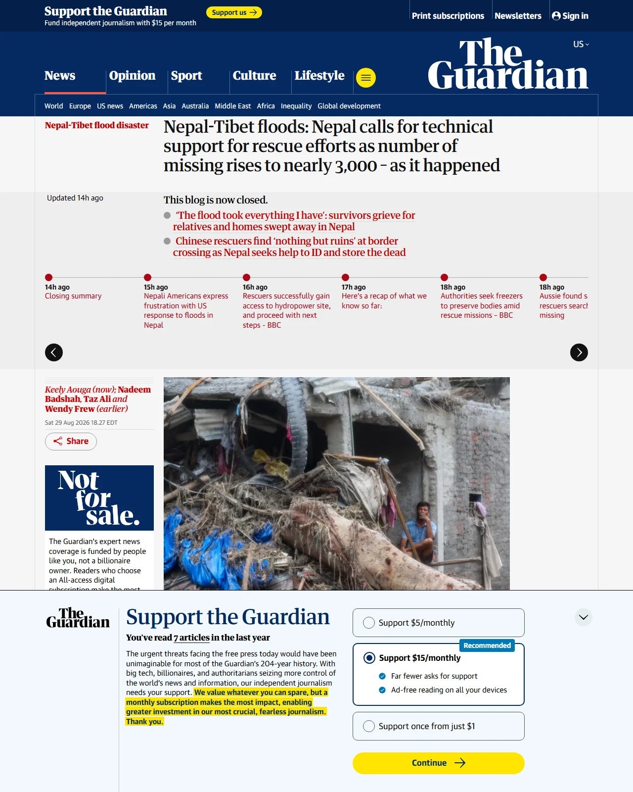 theguardian.com as published: Nepal-Tibet floods: Nepal calls for technical support for rescue efforts as number of missing rises to nearly 3,000 – as it happened