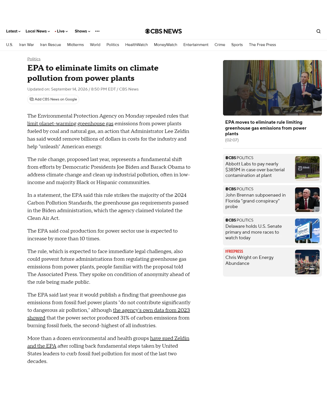 cbsnews.com as published: EPA to eliminate limits on climate pollution from power plants