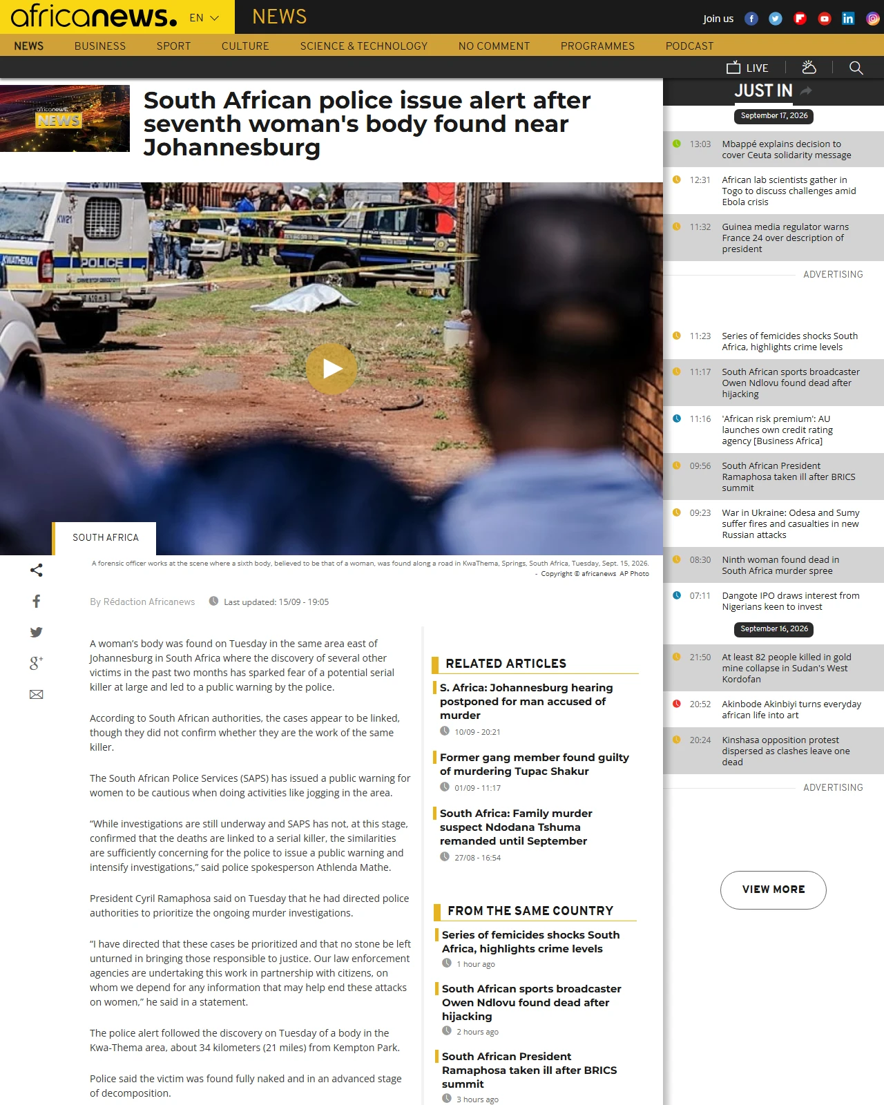 africanews.com as published: South African police issue alert after seventh woman's body found near Johannesburg