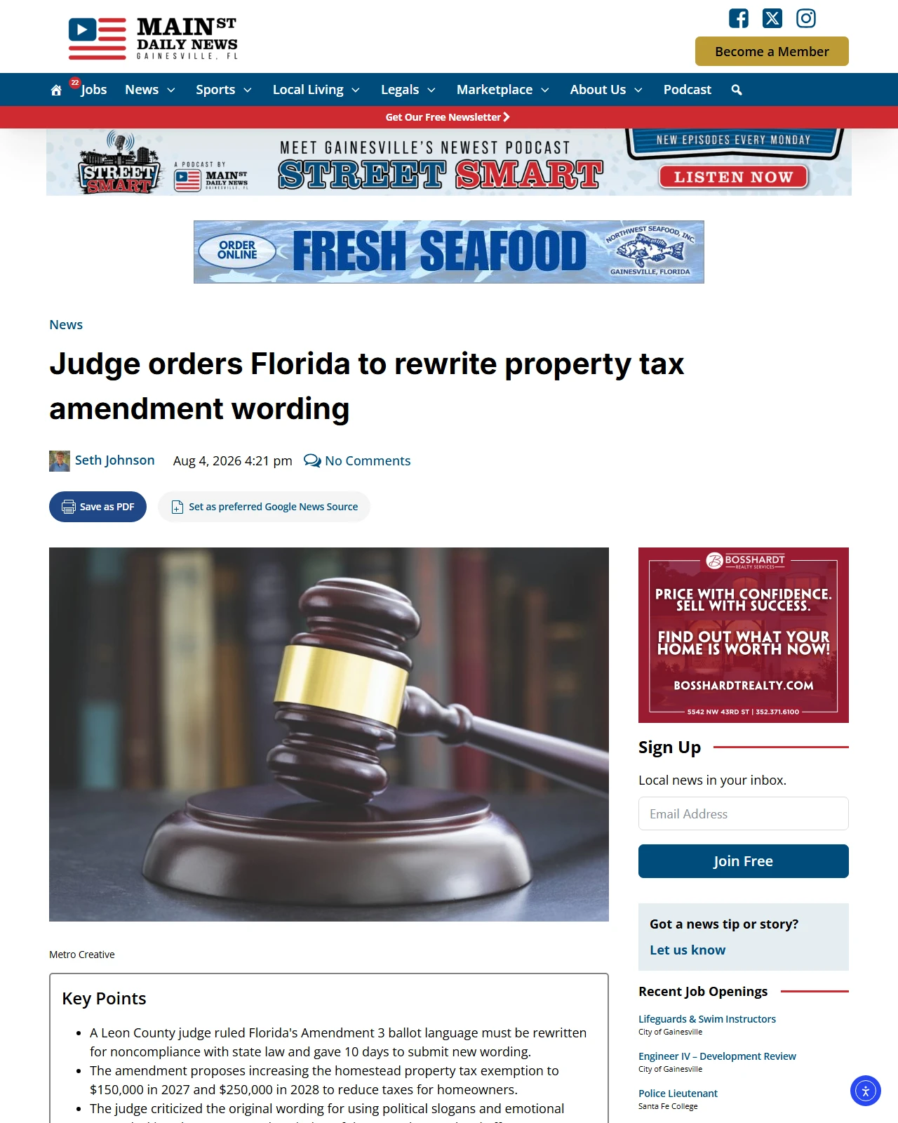 mainstreetdailynews.com as published: Judge orders Florida to rewrite property tax amendment wording