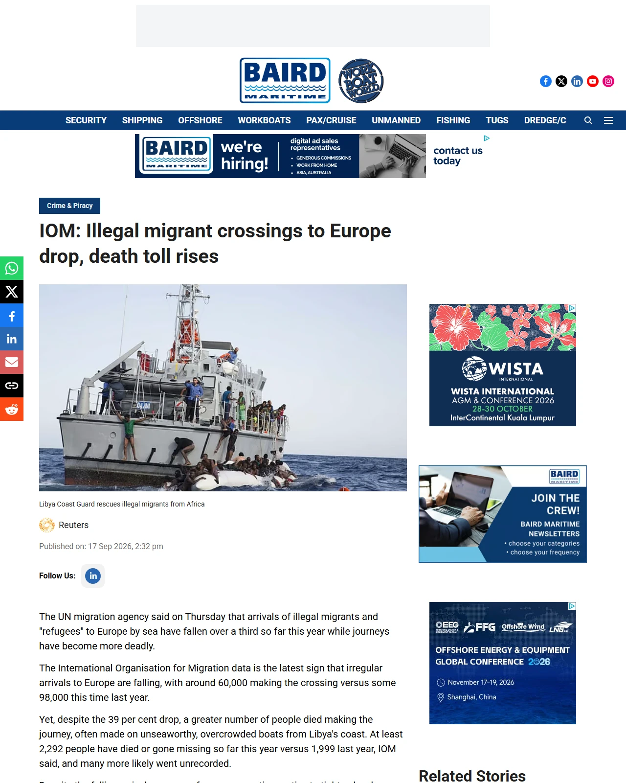 bairdmaritime.com as published: IOM: Illegal migrant crossings to Europe drop, death toll rises