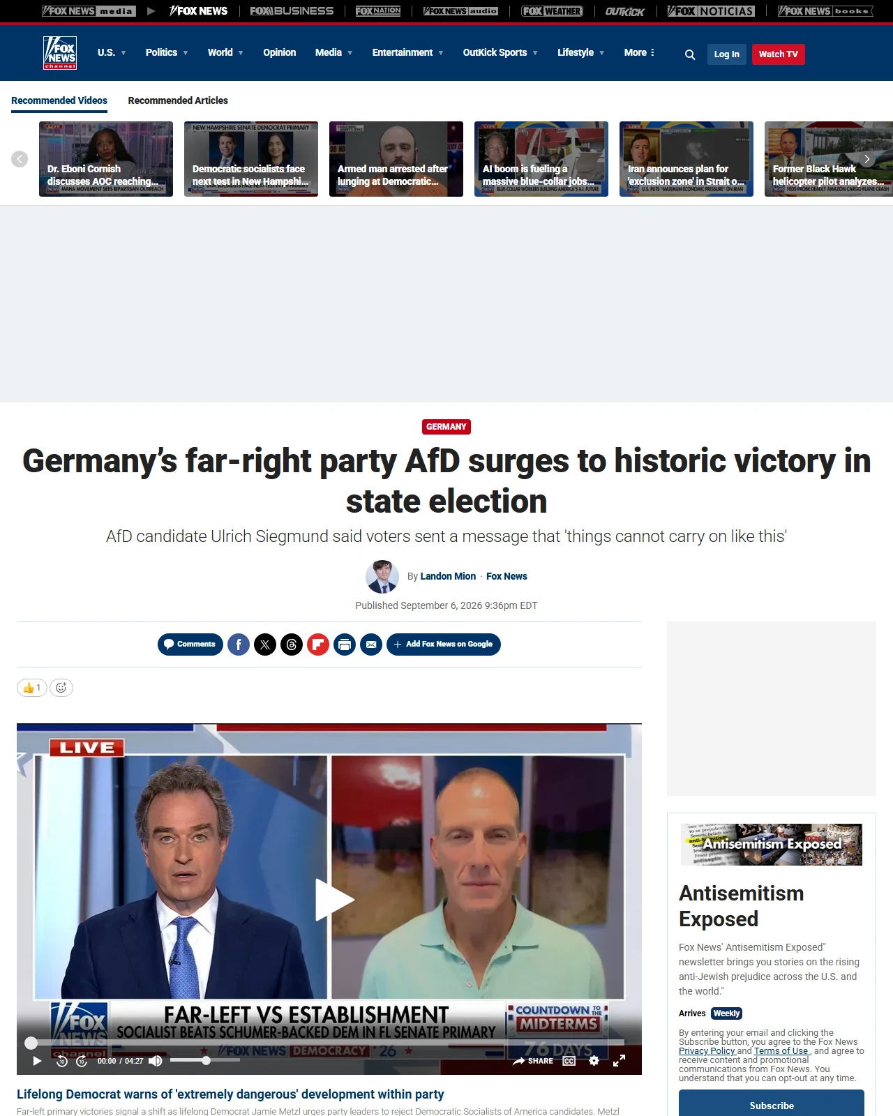 foxnews.com as published: Germany’s far-right party AfD surges to historic victory in state election