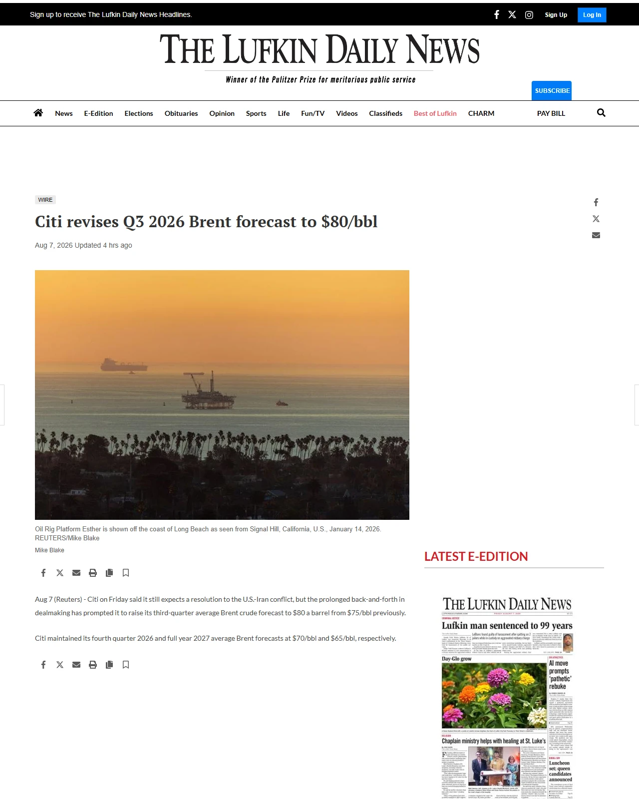 lufkindailynews.com as published: Citi revises Q3 2026 Brent forecast to $80/bbl