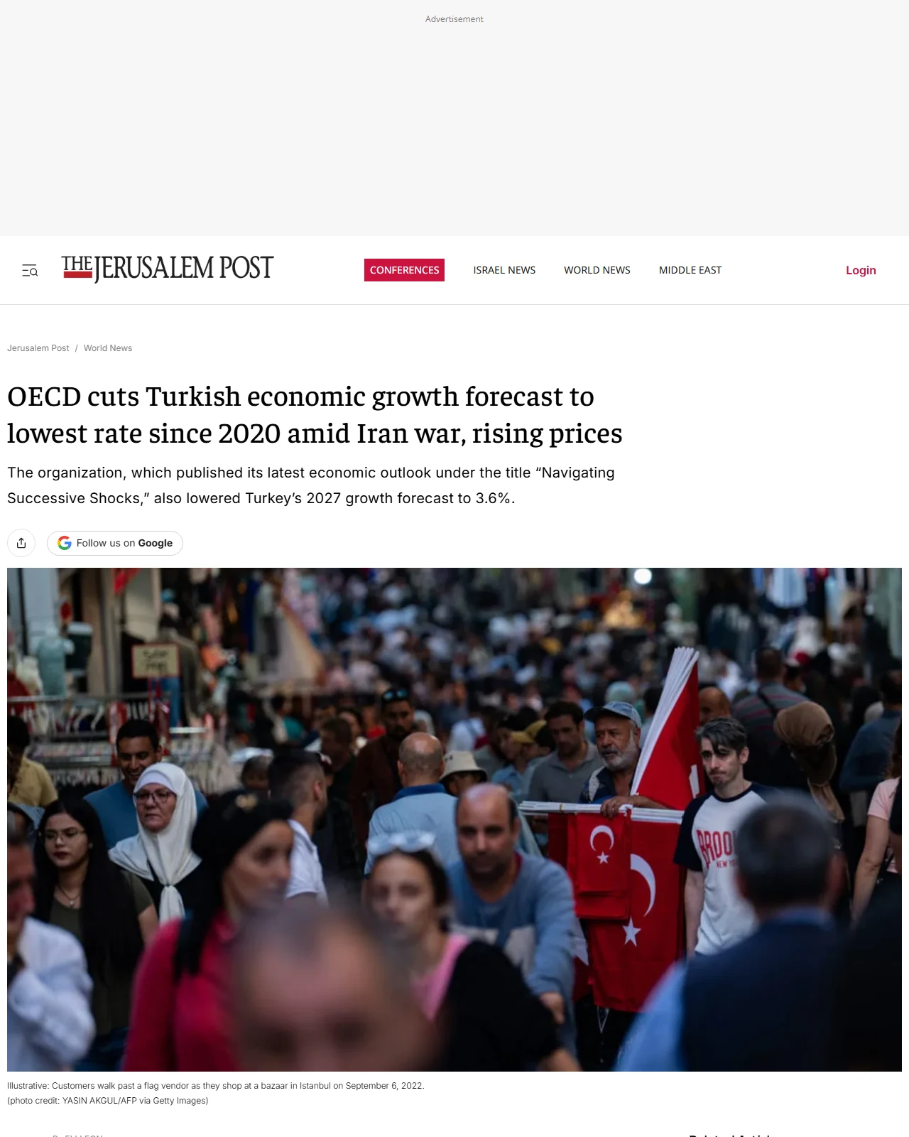 jpost.com as published: OECD cuts Turkish economic growth forecast to lowest rate since 2020 amid Iran war, rising prices