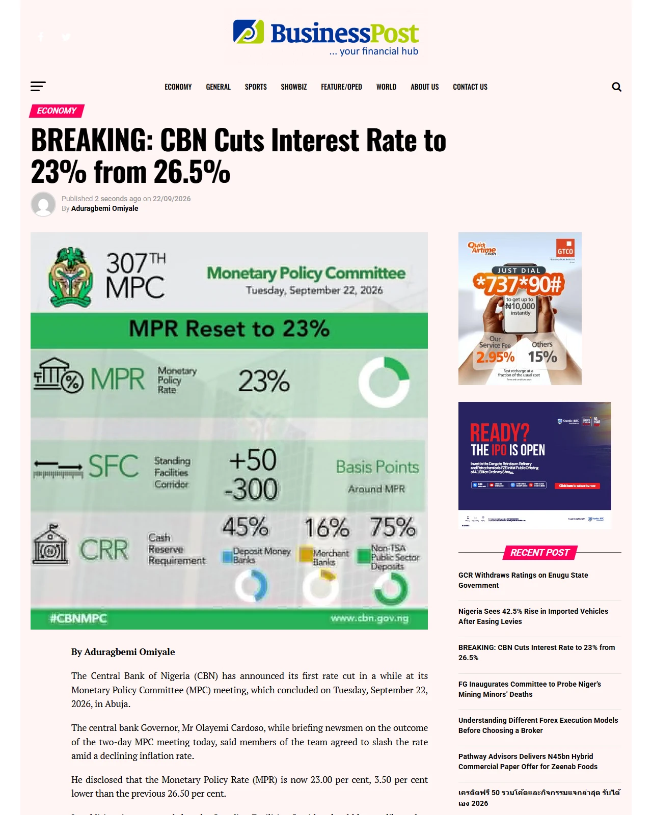 businesspost.ng as published: BREAKING: CBN Cuts Interest Rate to 23% from 26.5%