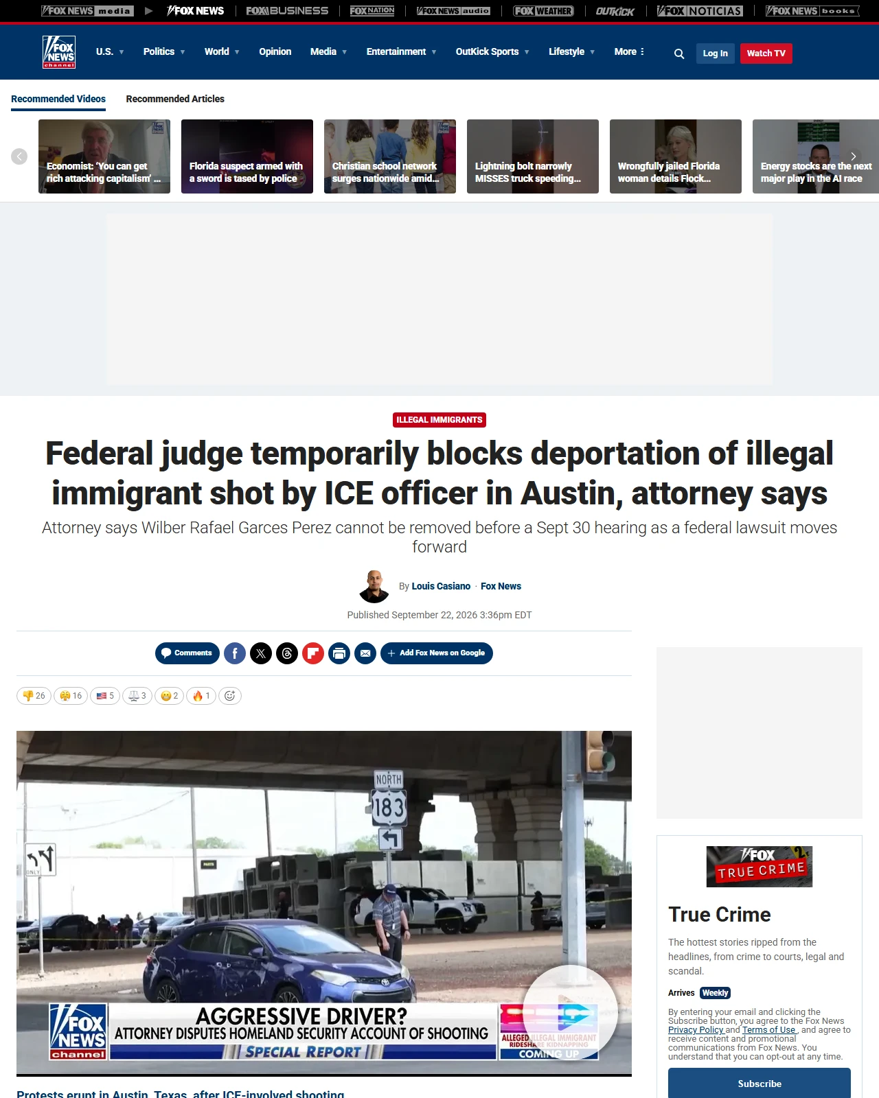 foxnews.com as published: Federal judge temporarily blocks deportation of illegal immigrant shot by ICE officer in Austin, attorney says