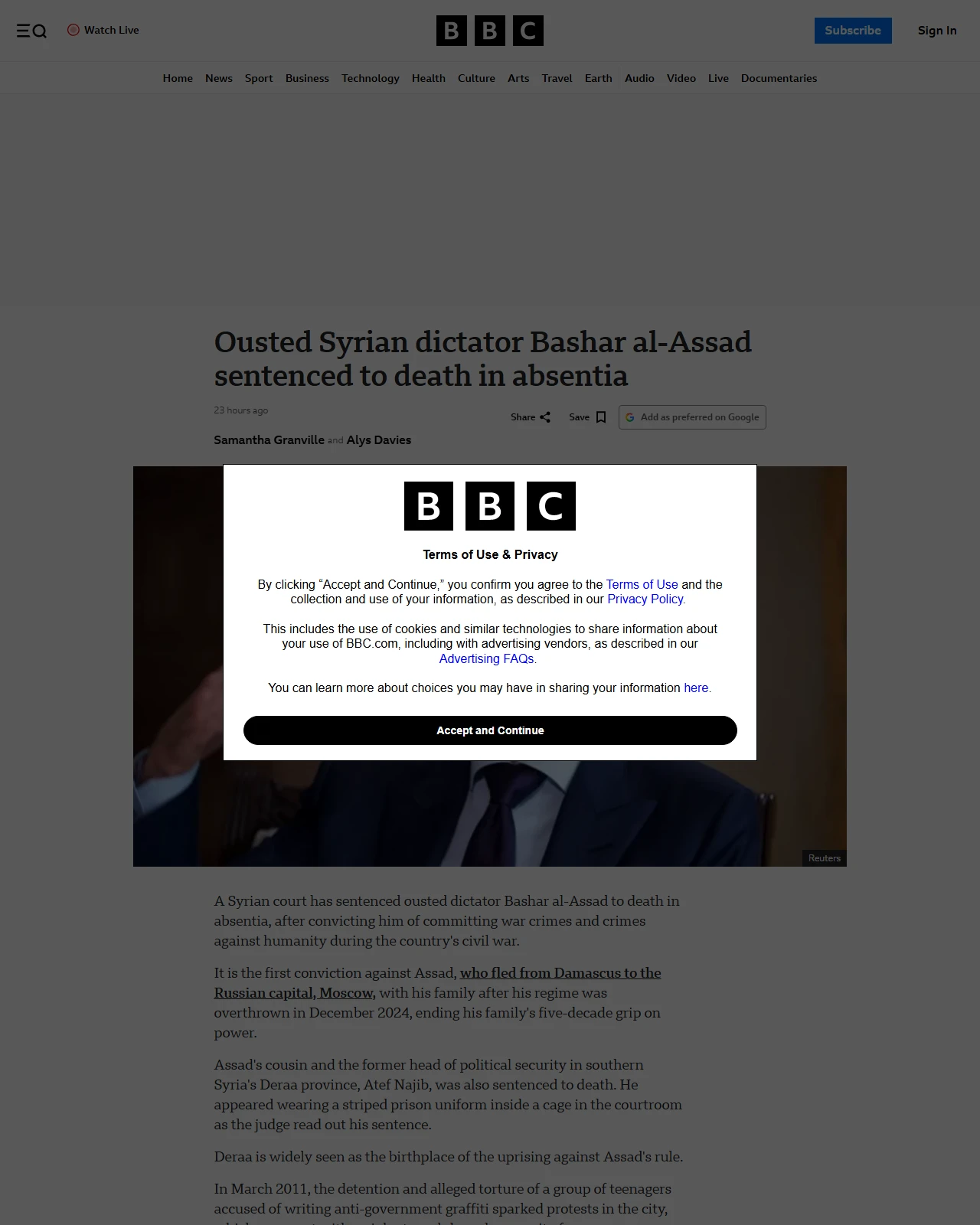 bbc.co.uk as published: Ousted Syrian dictator Bashar al-Assad sentenced to death in absentia
