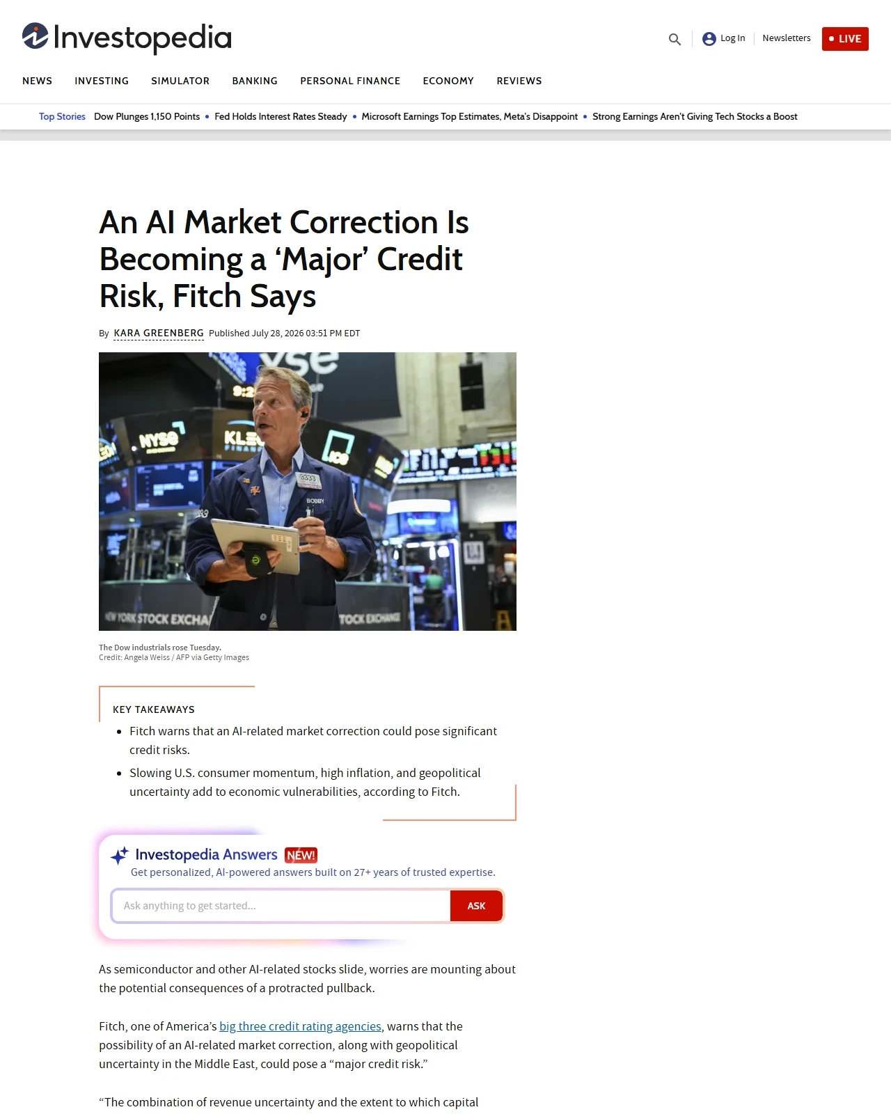 investopedia.com as published: An AI Market Correction Is Becoming a ‘Major’ Credit Risk, Fitch Says
