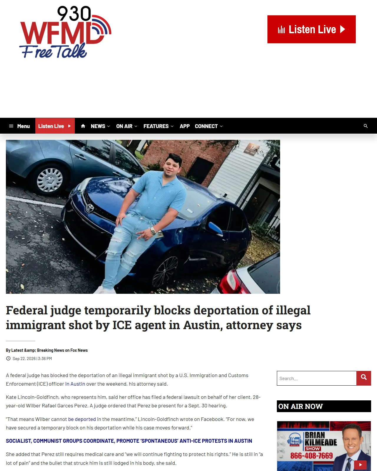 wfmd.com as published: Federal judge temporarily blocks deportation of illegal immigrant shot by ICE agent in Austin, attorney says