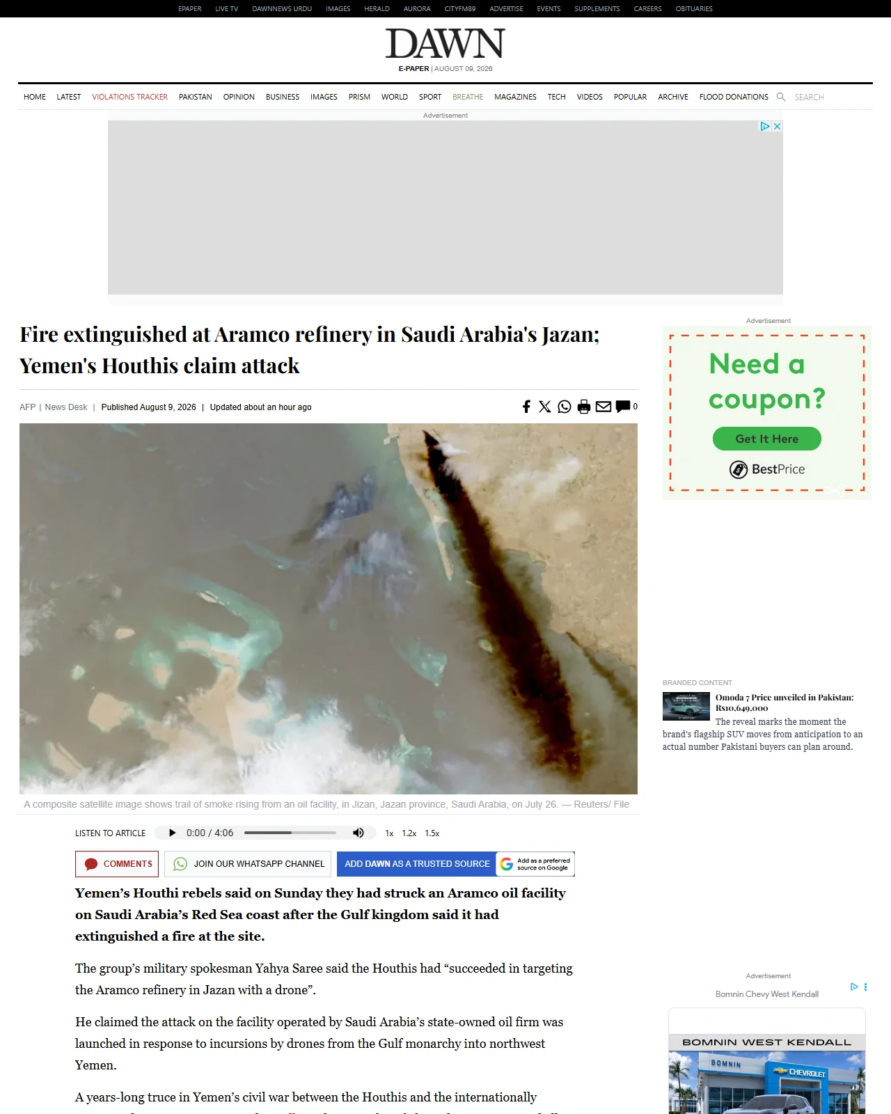 dawn.com as published: Fire extinguished at Aramco refinery in Saudi Arabia's Jazan; Yemen's Houthis claim attack