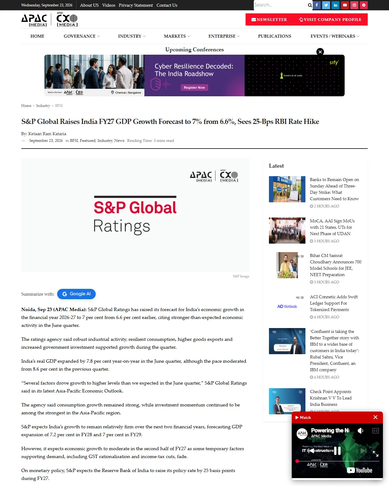 apacnewsnetwork.com as published: S&P Global Raises India FY27 GDP Growth Forecast to 7% from 6.6%, Sees 25-Bps RBI Rate Hike