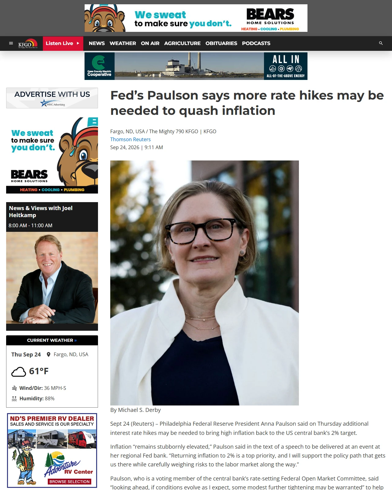kfgo.com as published: Fed’s Paulson says more rate hikes may be needed to quash inflation