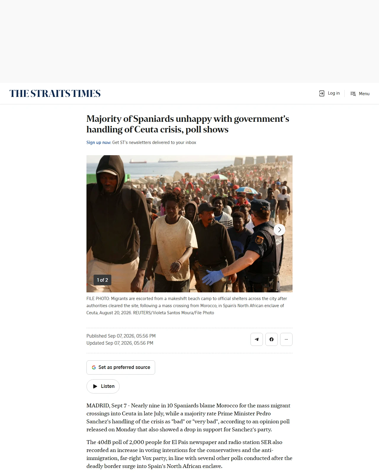 straitstimes.com as published: Majority of Spaniards unhappy with government's handling of Ceuta crisis, poll shows