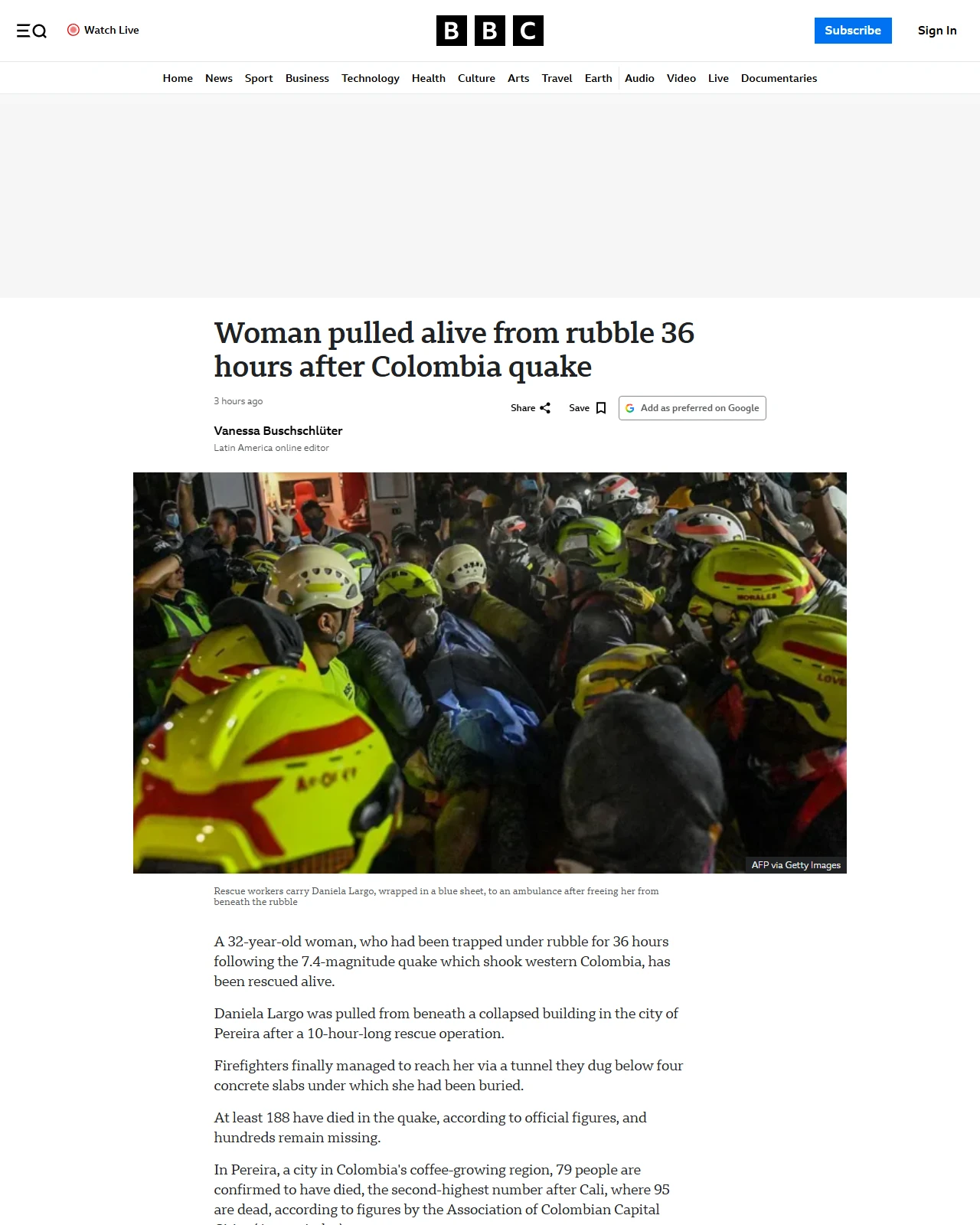 bbc.co.uk as published: Woman pulled alive from rubble 36 hours after Colombia quake