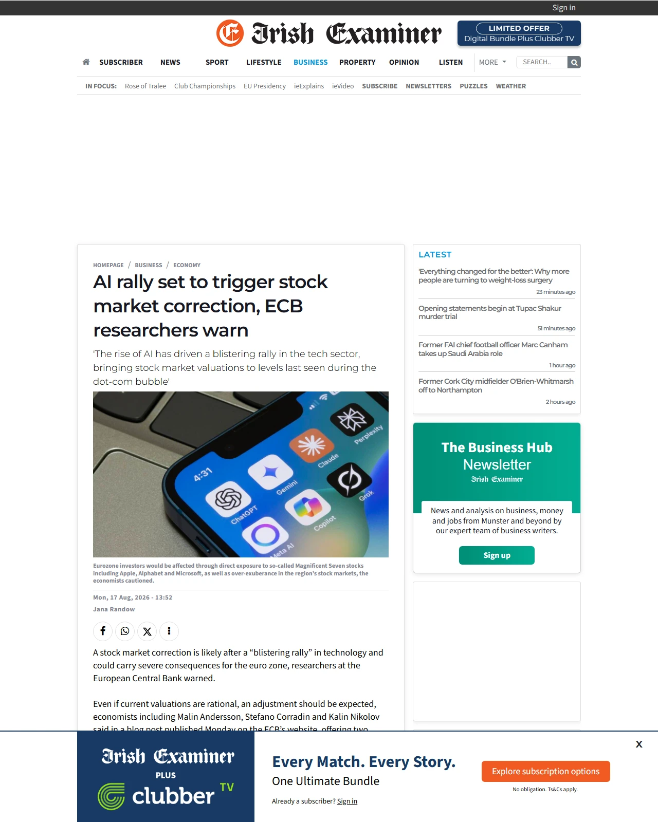 irishexaminer.com as published: AI rally set to trigger stock market correction, ECB researchers warn