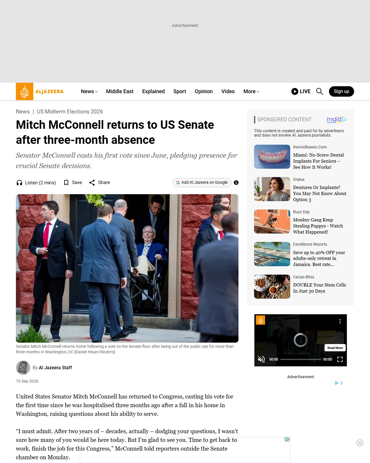 aljazeera.com as published: Mitch McConnell returns to US Senate after three-month absence
