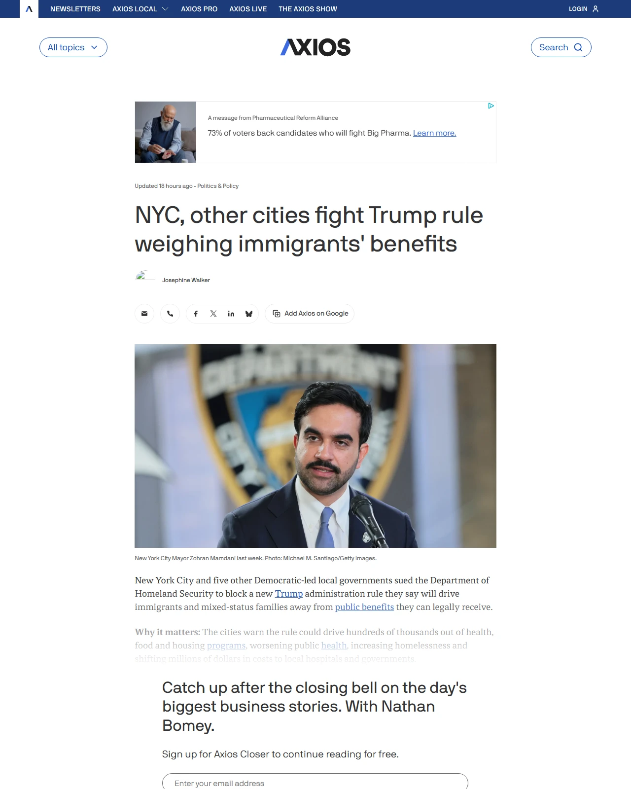 axios.com as published: Cities challenge Trump immigration rule over public benefits access