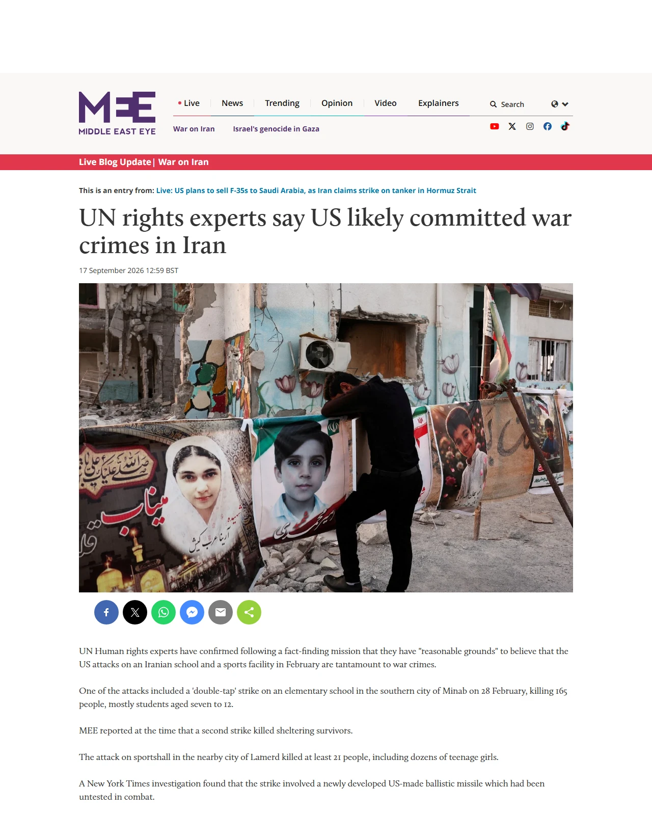 middleeasteye.net as published: UN rights experts say US likely committed war crimes in Iran