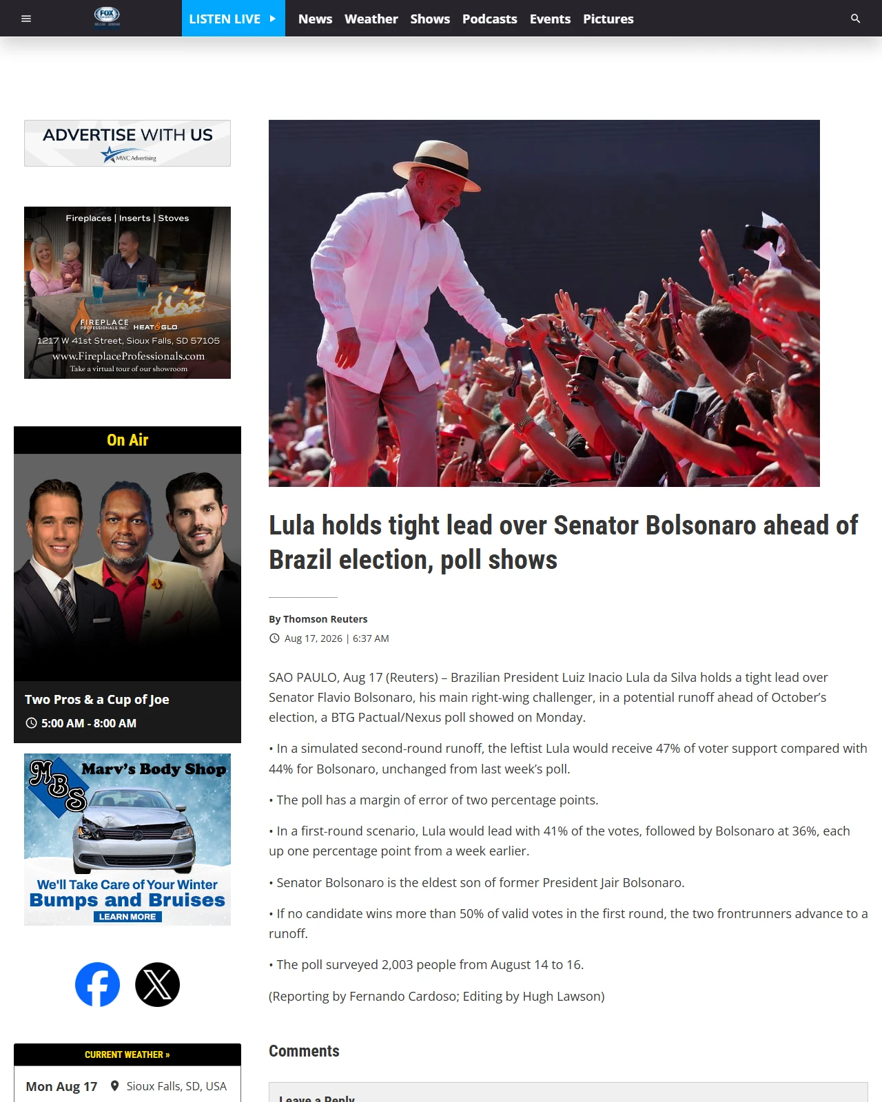 kwsn.com as published: Lula holds tight lead over Senator Bolsonaro ahead of Brazil election, poll shows