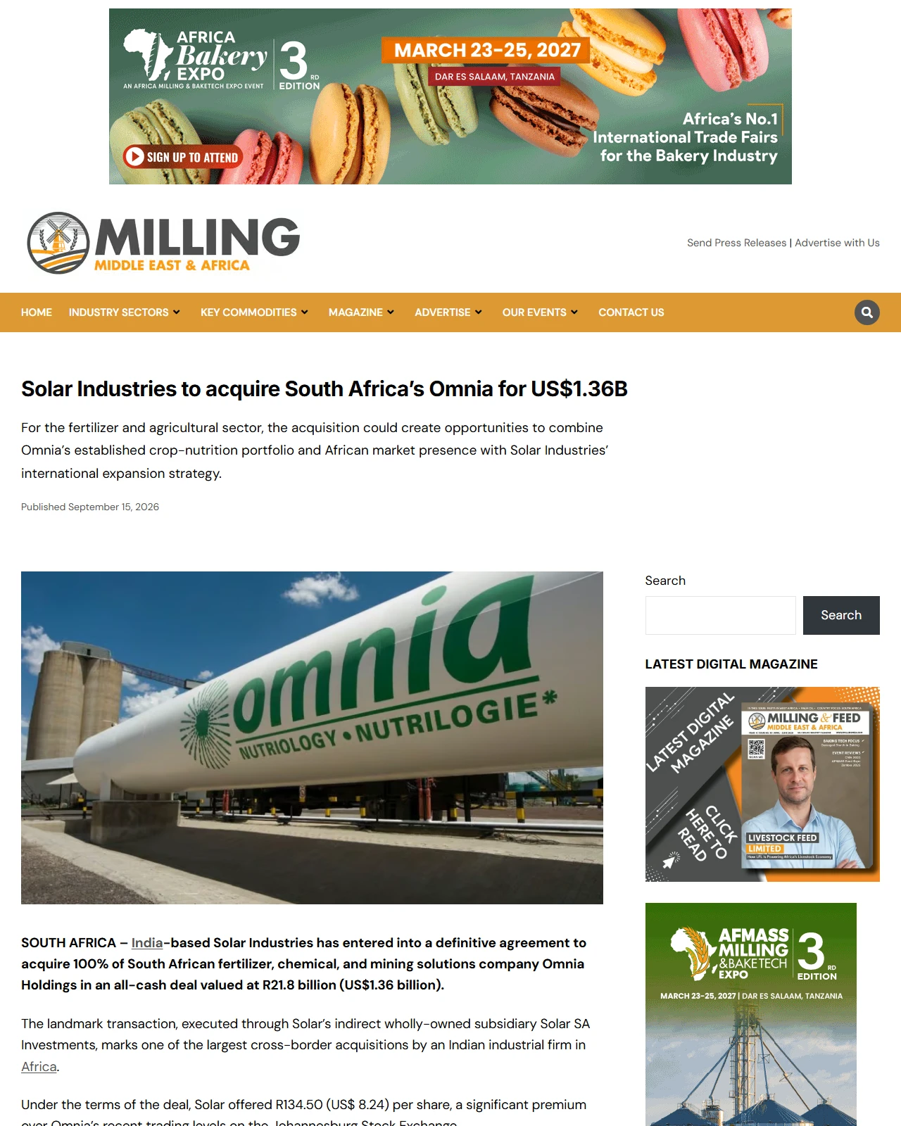 millingmea.com as published: Solar Industries to acquire South Africa’s Omnia for US$1.36B