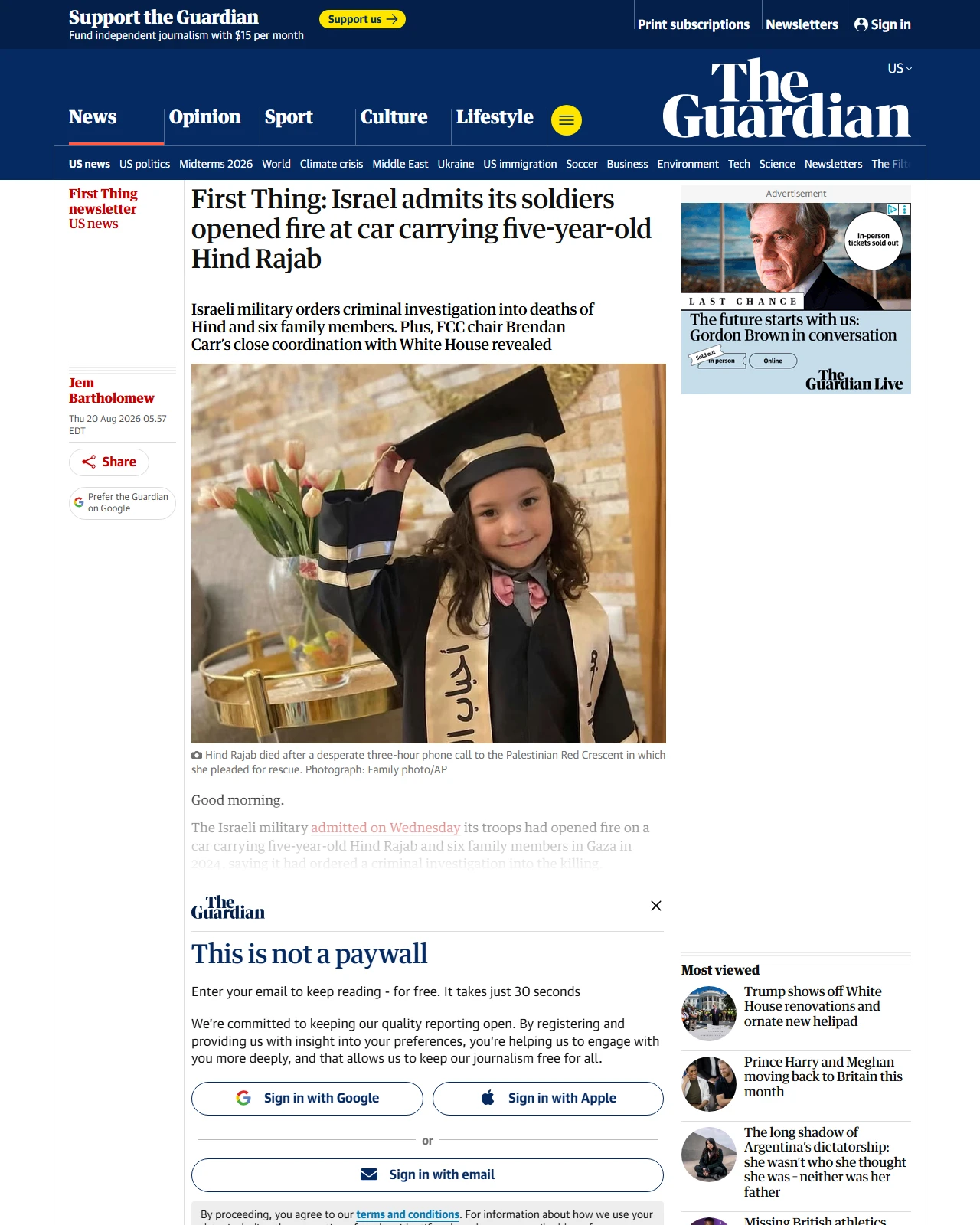 theguardian.com as published: Israel admits its soldiers opened fire at car carrying five-year-old Hind Rajab | First Thing
